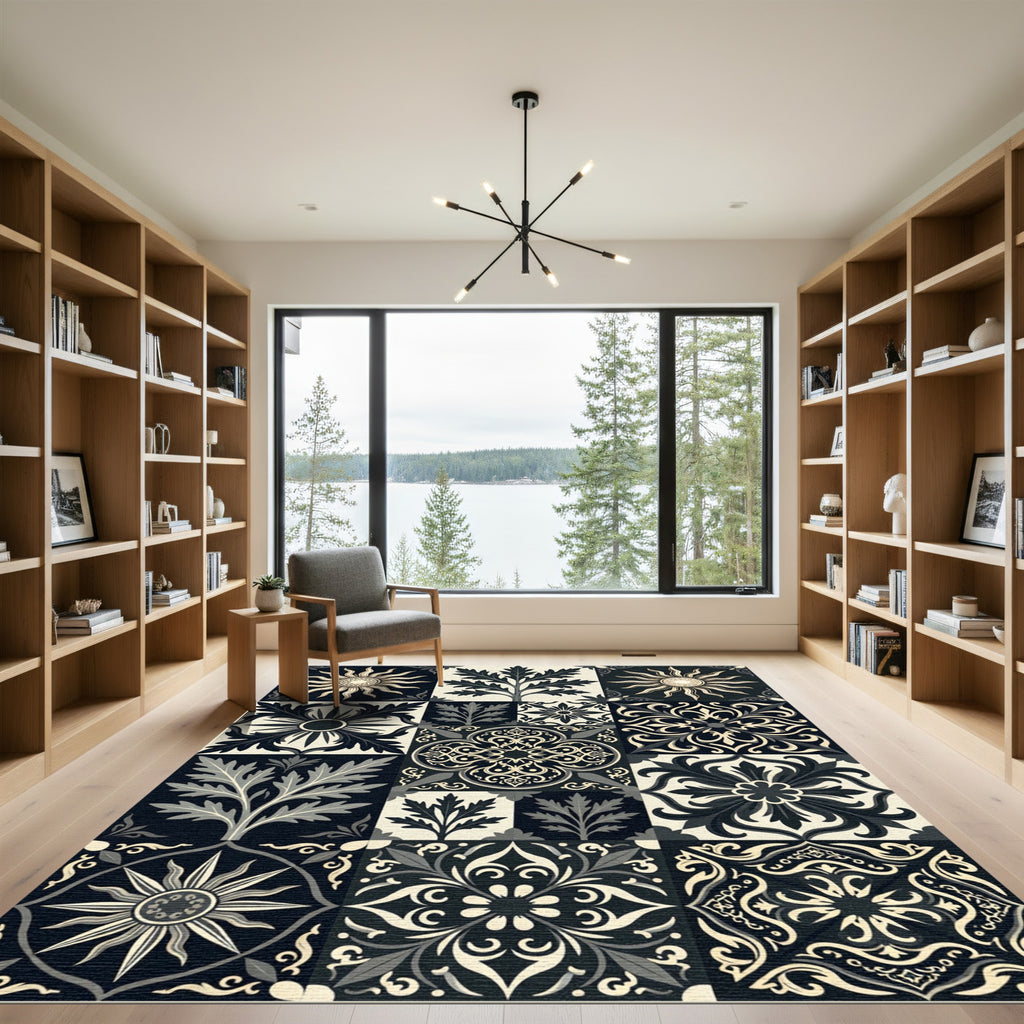 Monochromatic Floral Sunburst Medallion Tiles Rug