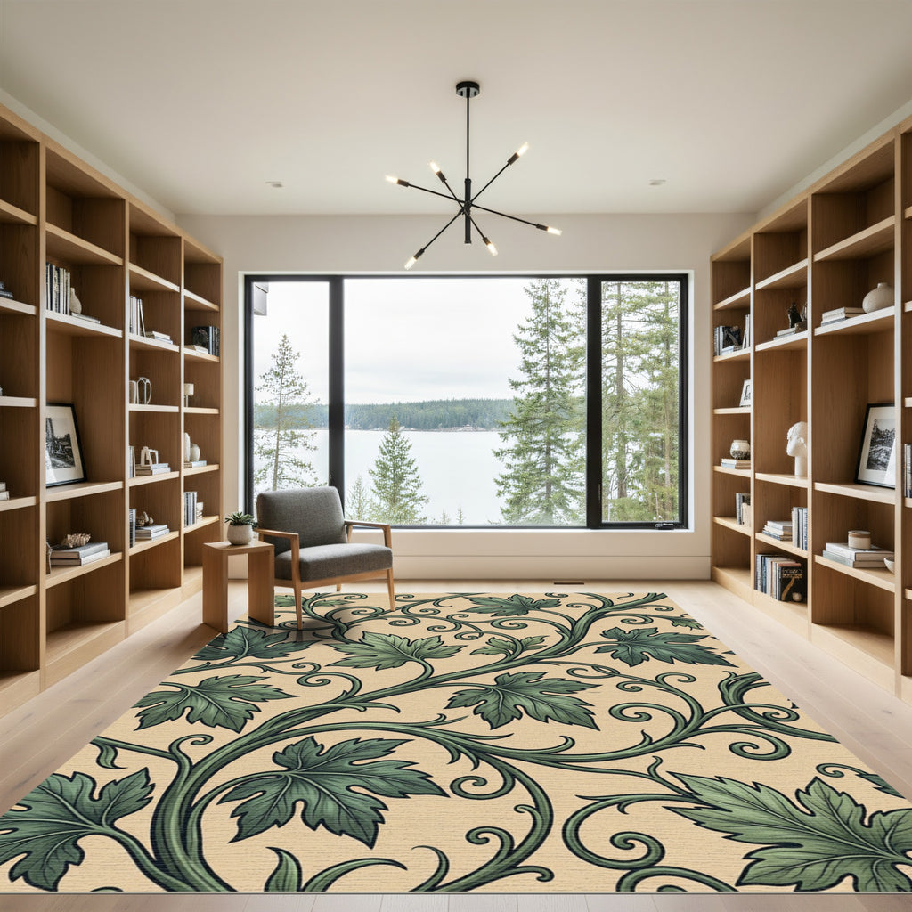 Sage Green Botanical Scroll Art Nouveau Rug