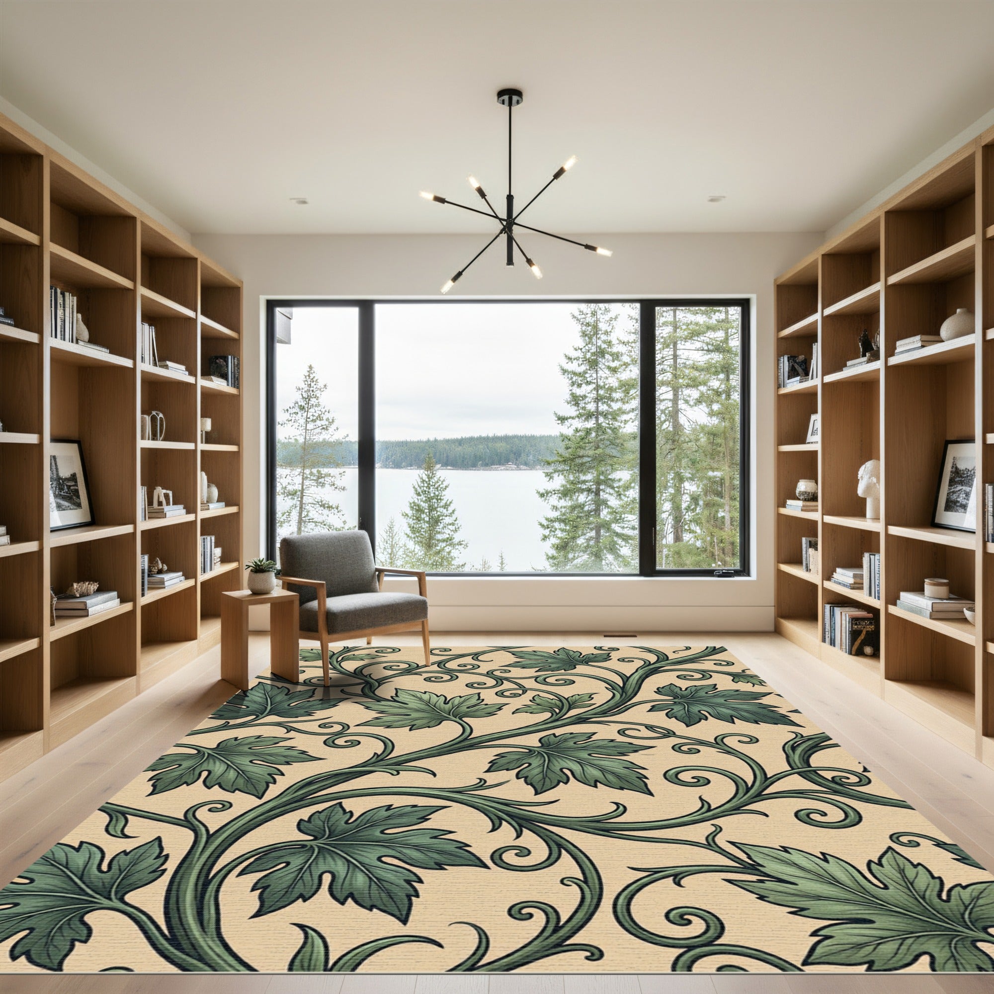 Sage Green Botanical Scroll Art Nouveau Rug