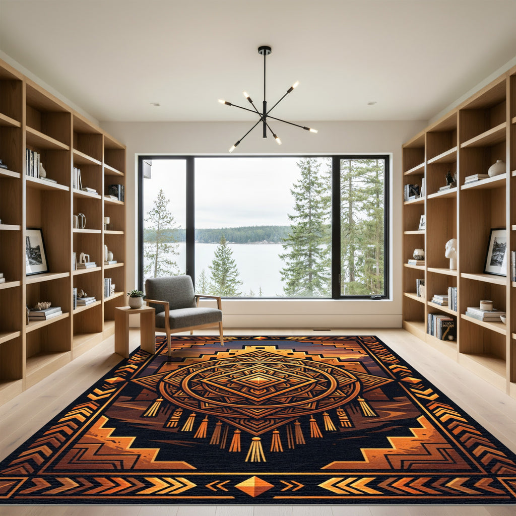 Golden Aztec Geometric Sunburst Medallion Rug