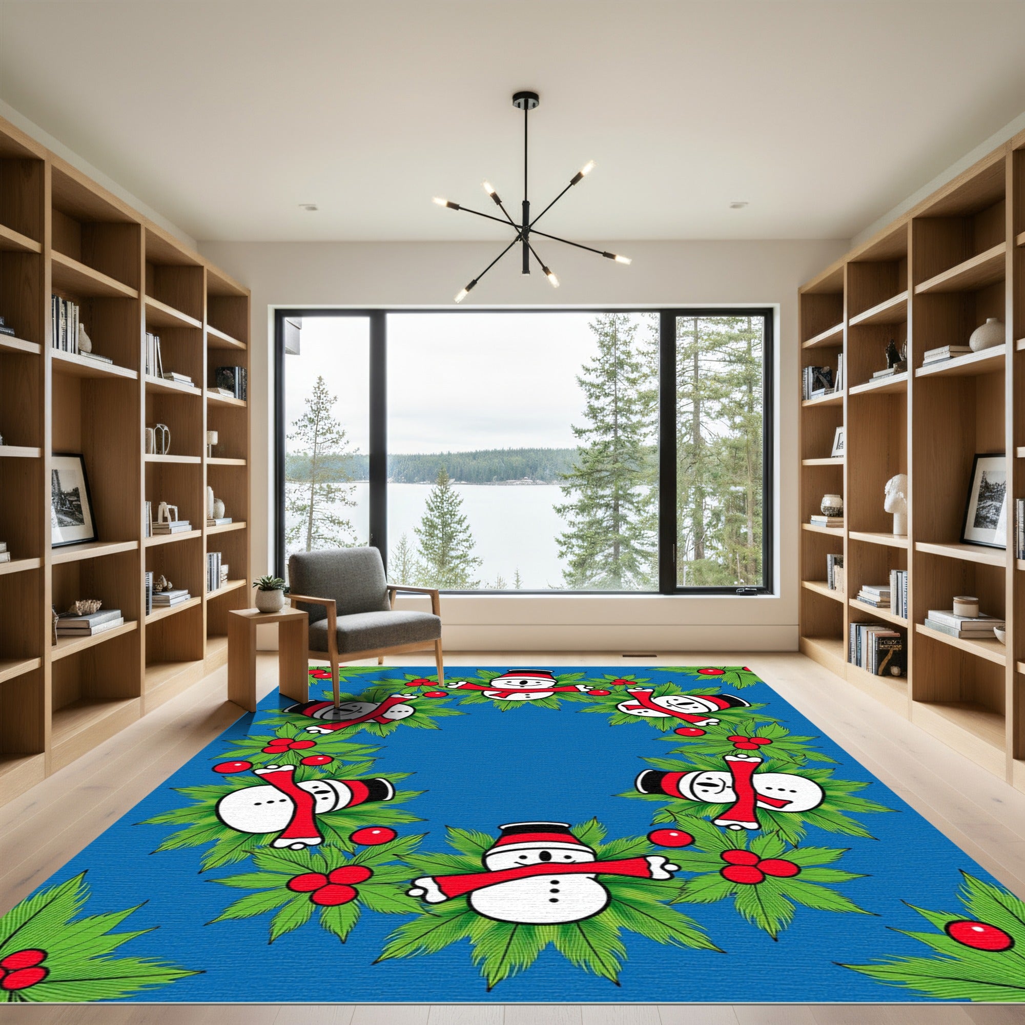 Cheerful Snowman Holly Christmas Wreath Rug
