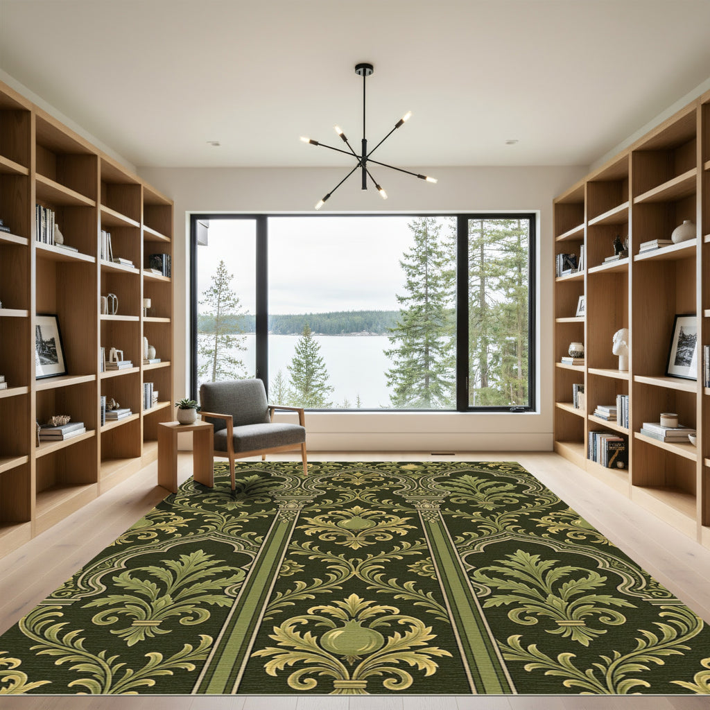 Olive Green Arabesque Pomegranate Scroll Rug
