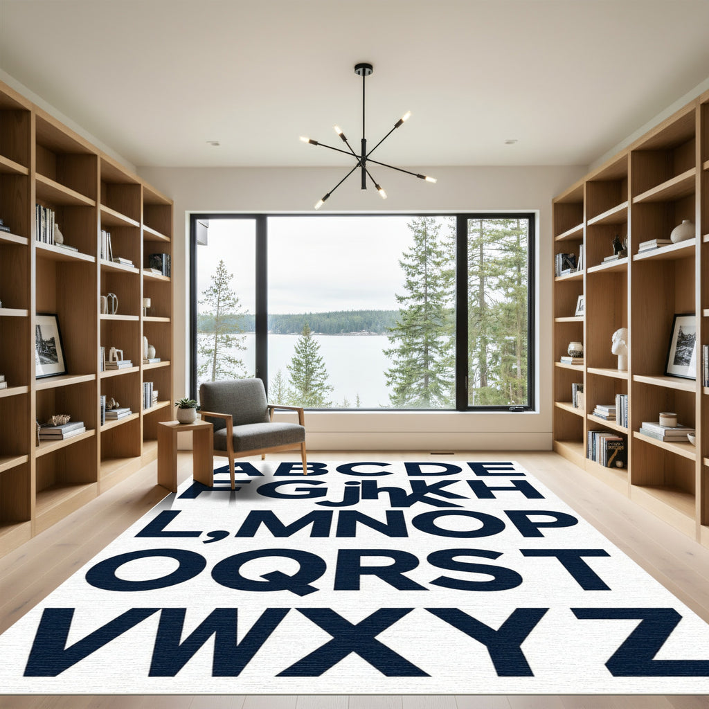 Modern Navy Alphabet Typography Statement Art Rug