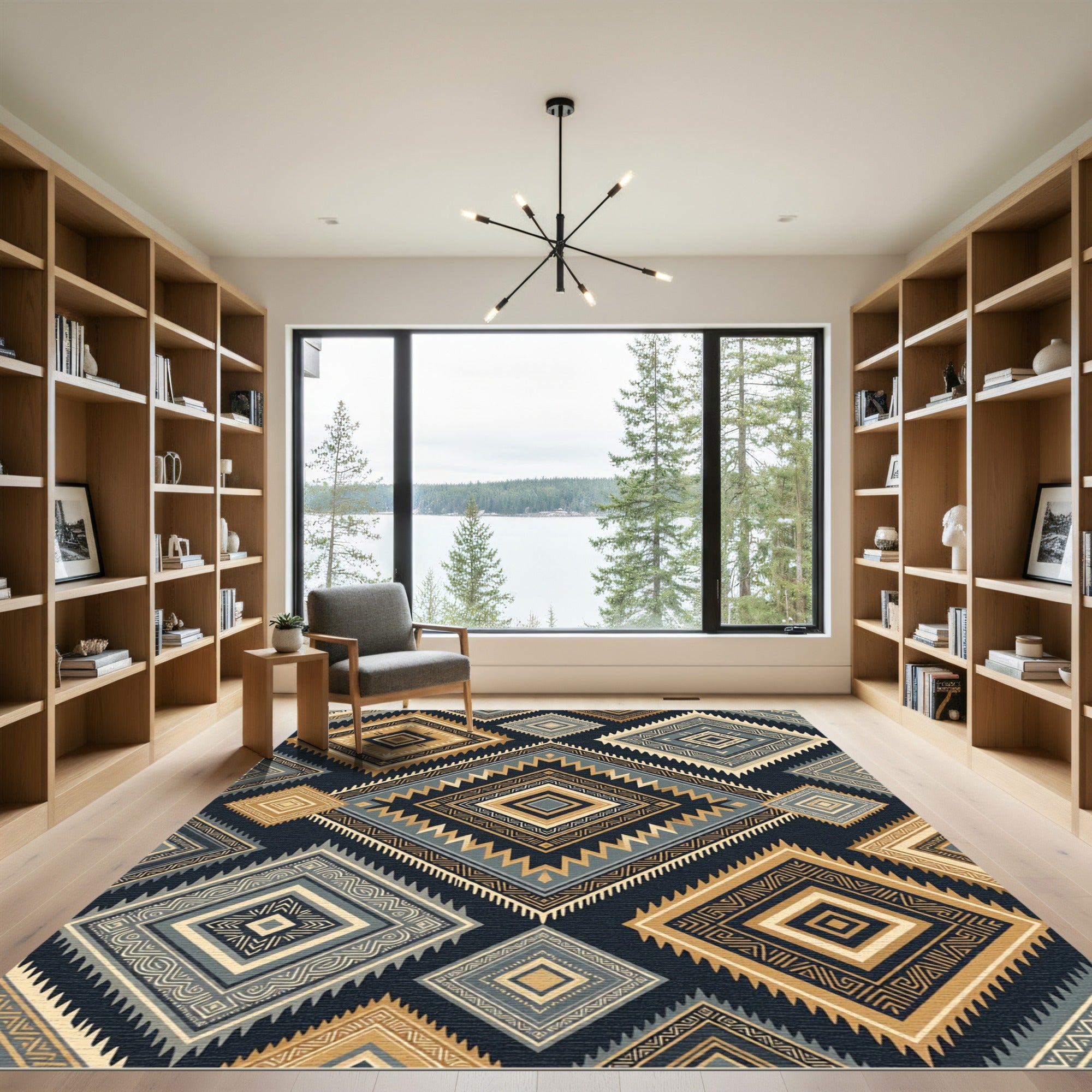 Geometric Teal Gold Diamond Pattern Rug