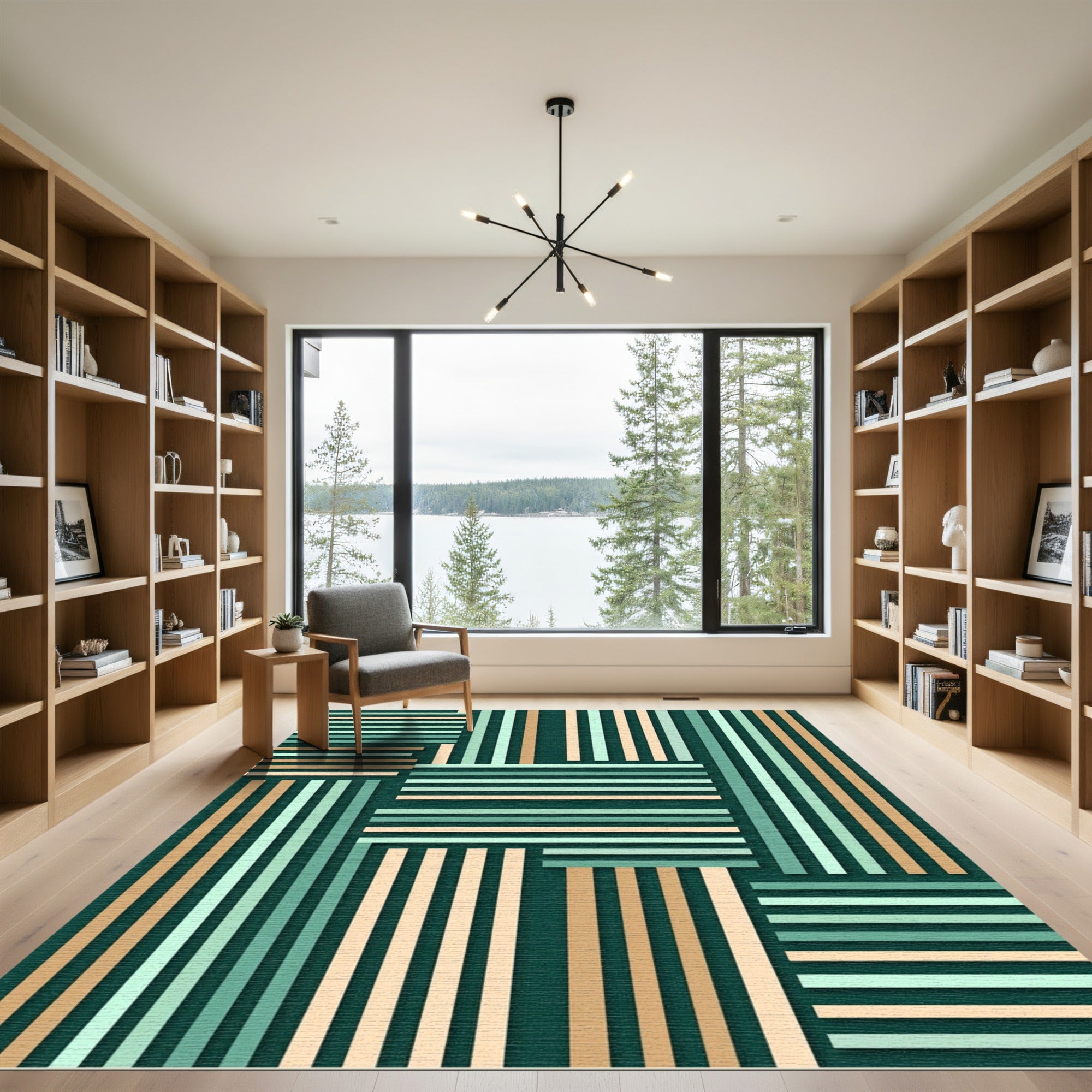 Deep Teal Beige Mint Striped Weave Rug