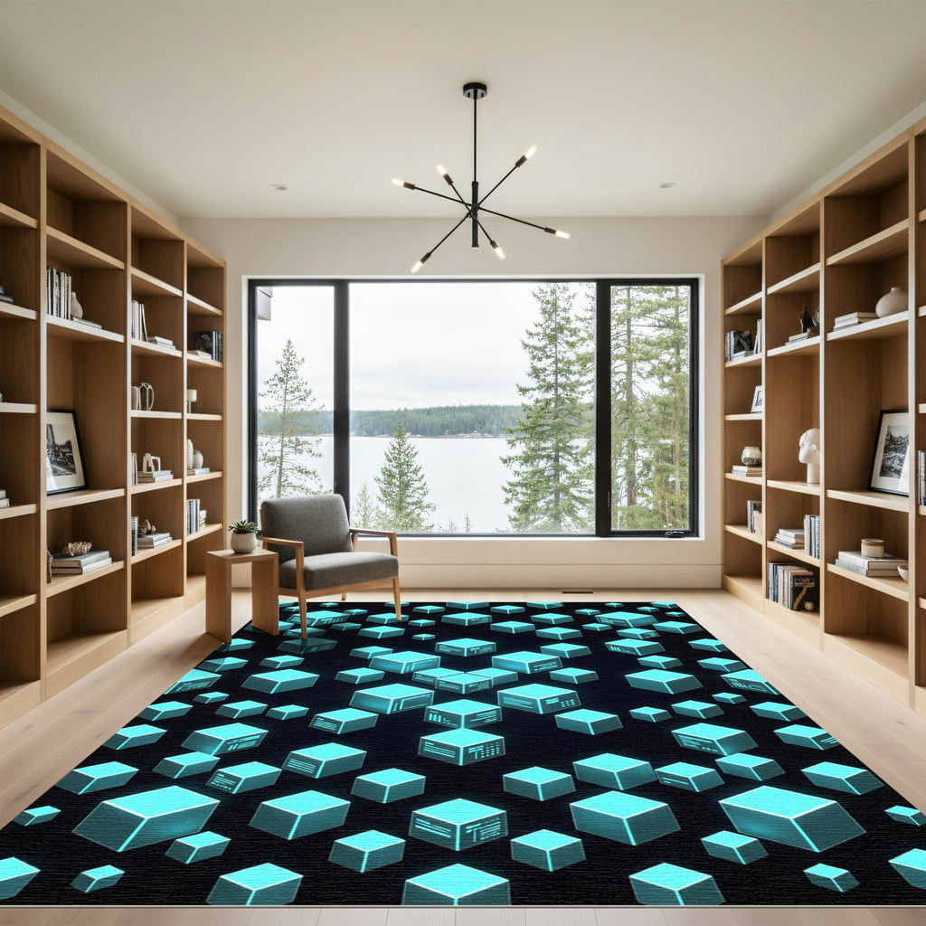 Glowing Cyan Isometric Cyber Cube Grid Rug