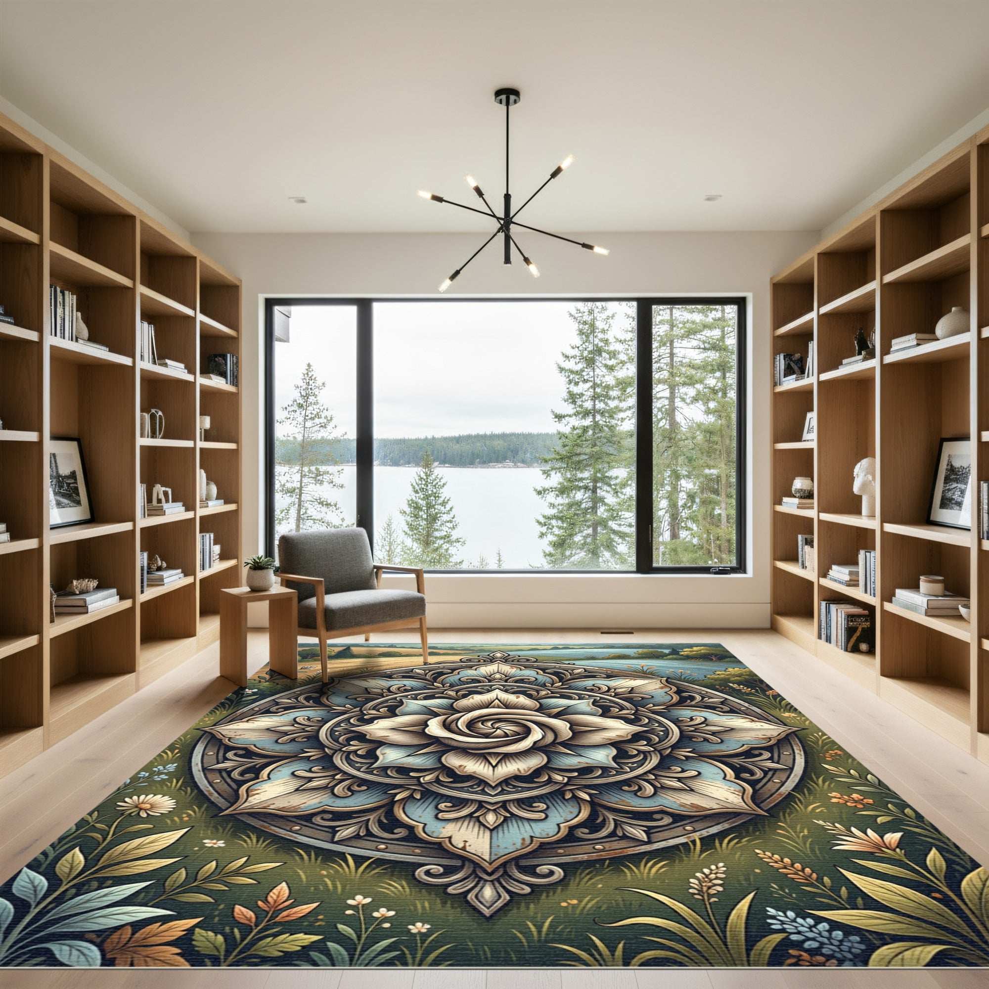 Earthy Blue Rose Floral Medallion Rug