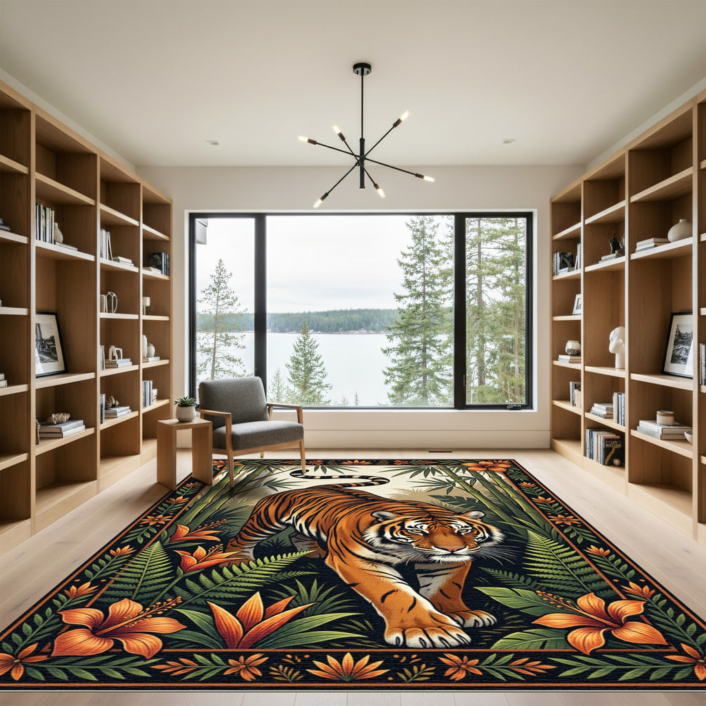 Exotic Jungle Tiger Tropical Flora Rug