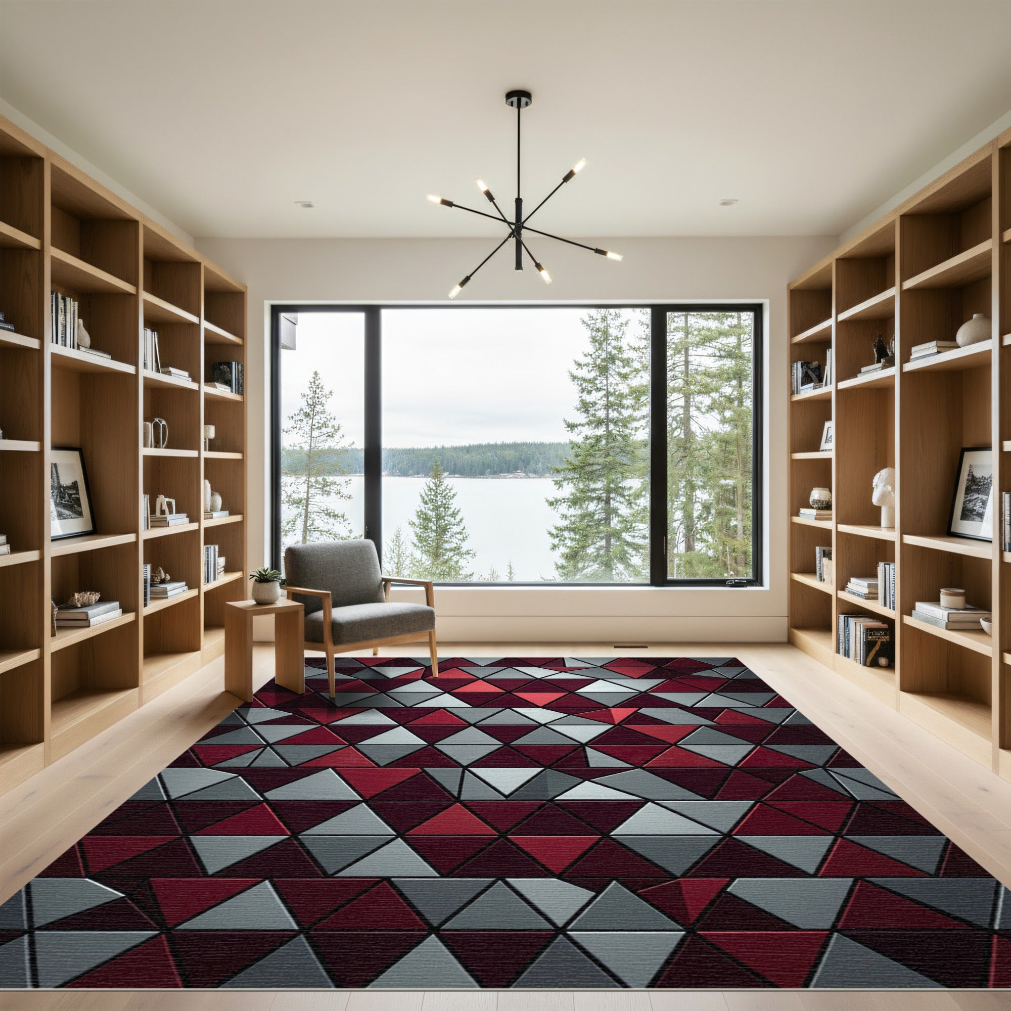 Deep Red Gray Geometric Triangles Rug