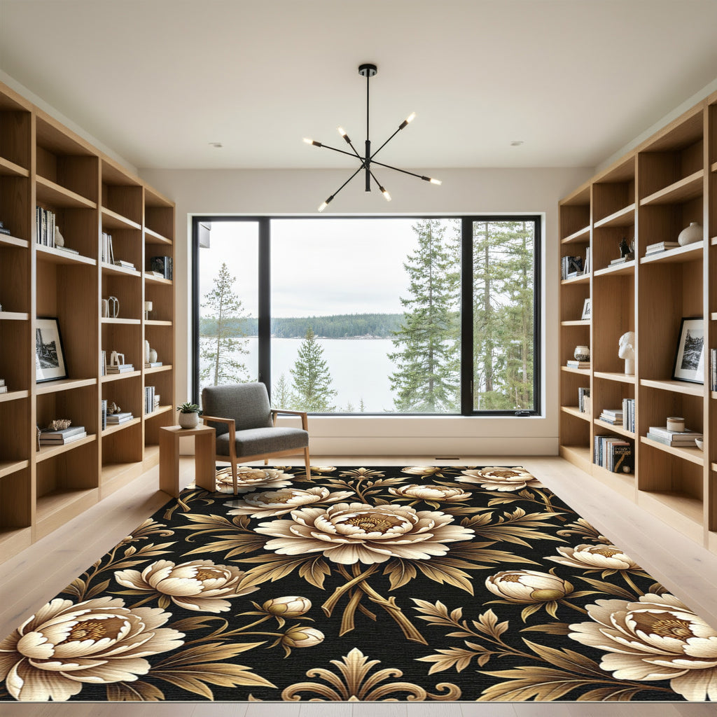 Elegant Golden Peony Floral Black Art Rug