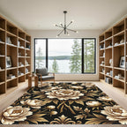 Elegant Golden Peony Floral Black Art Rug