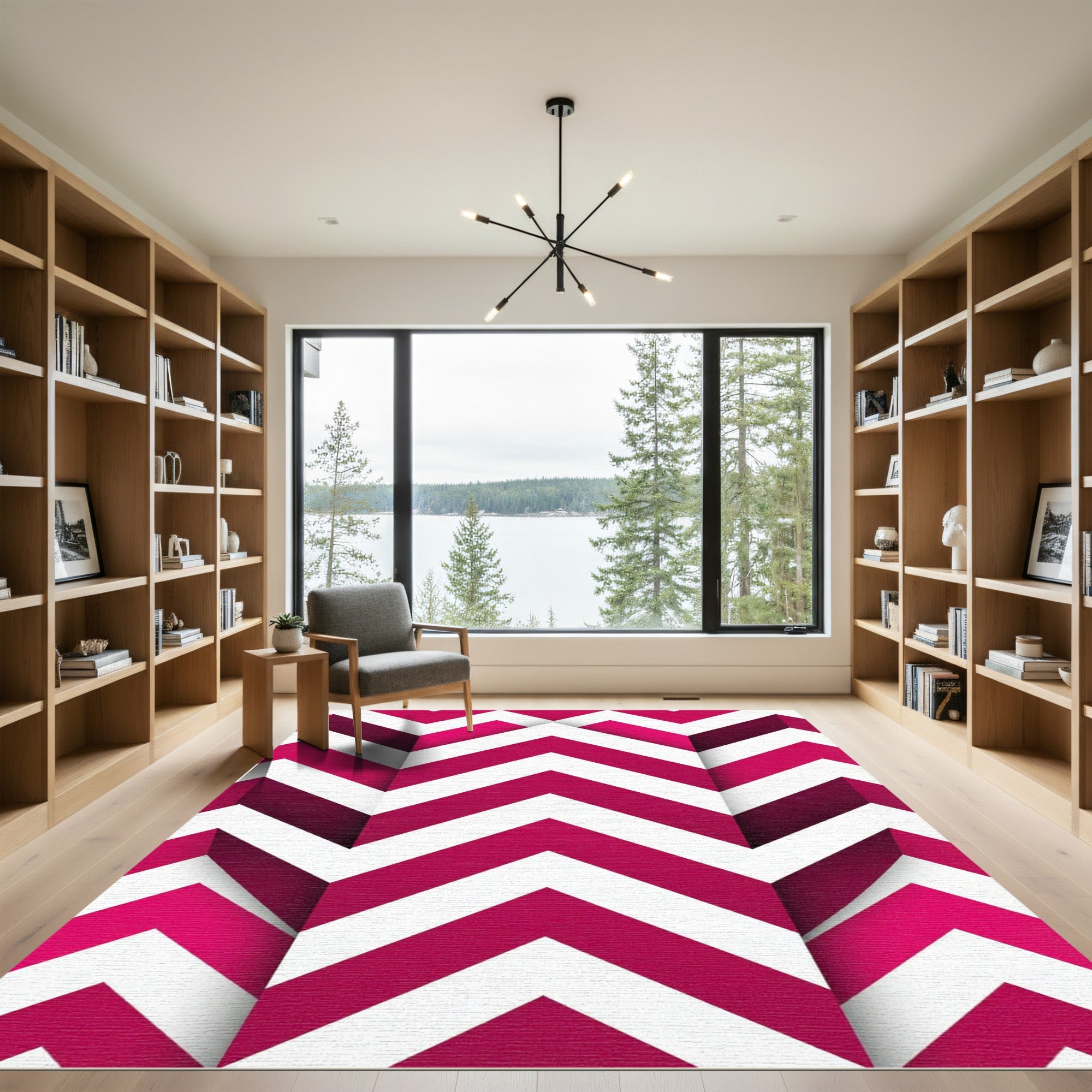 Modern Magenta Geometric Chevron Stripe Rug