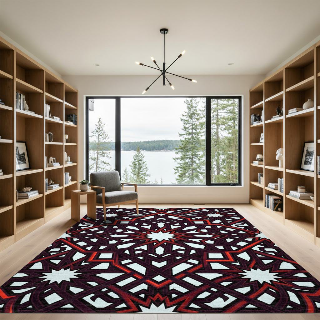 Crimson Geometric Star Intertwined Lattice Rug