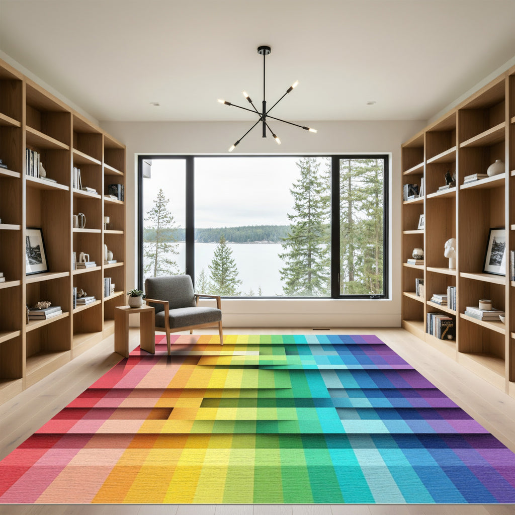 Vibrant Rainbow Gradient Offset Blocks Rug