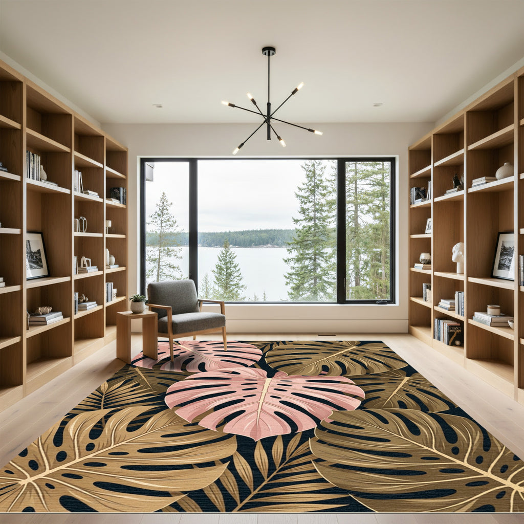 Pink Golden Tropical Foliage Abstraction Rug