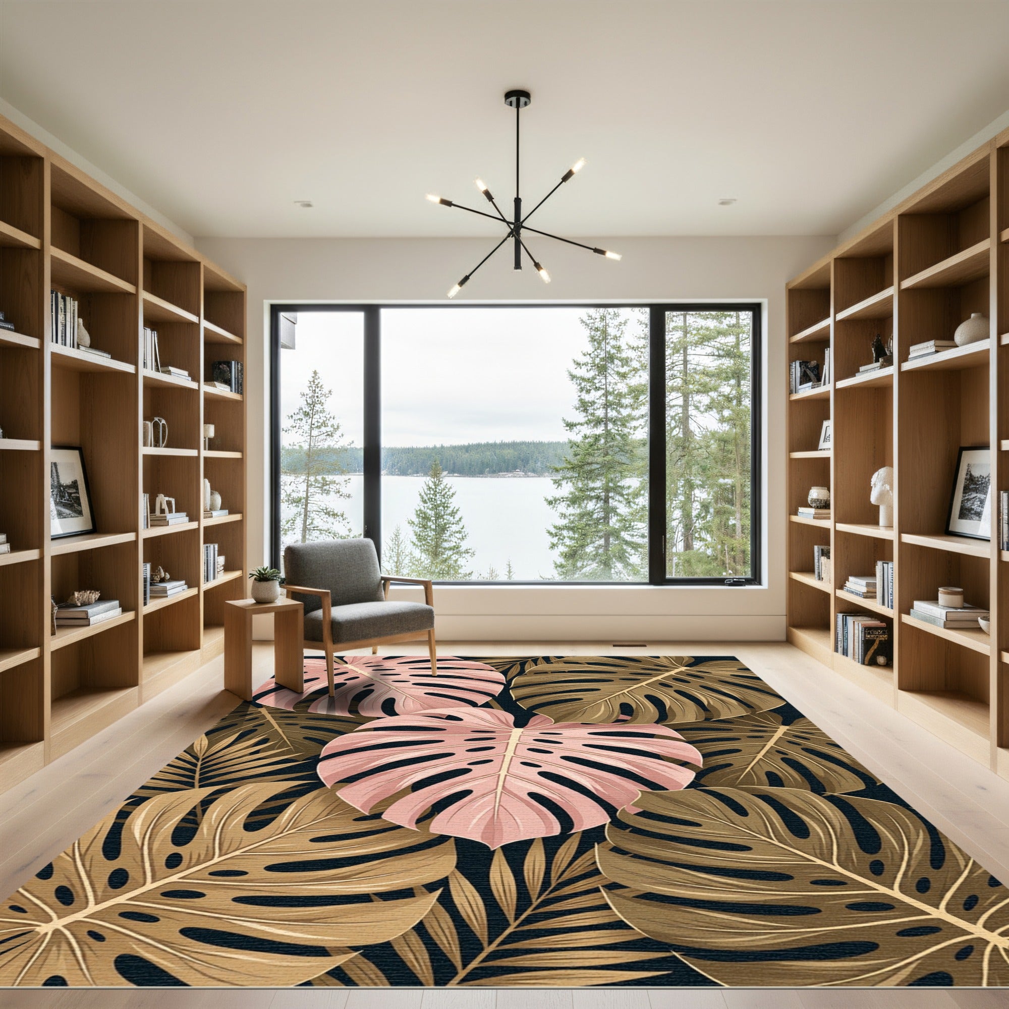 Pink Golden Tropical Foliage Abstraction Rug