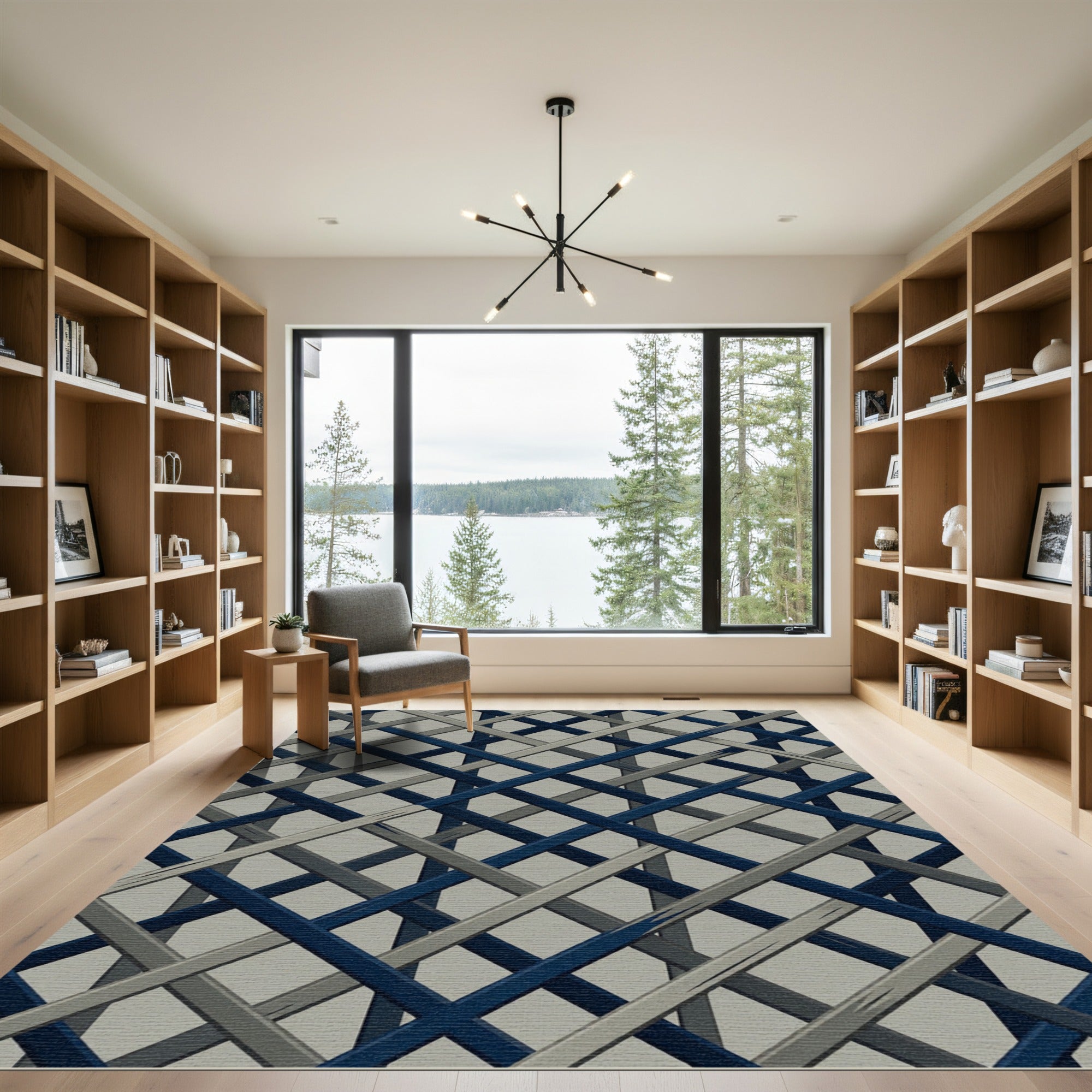 Navy and Gray Woven Plaid Cross Rug