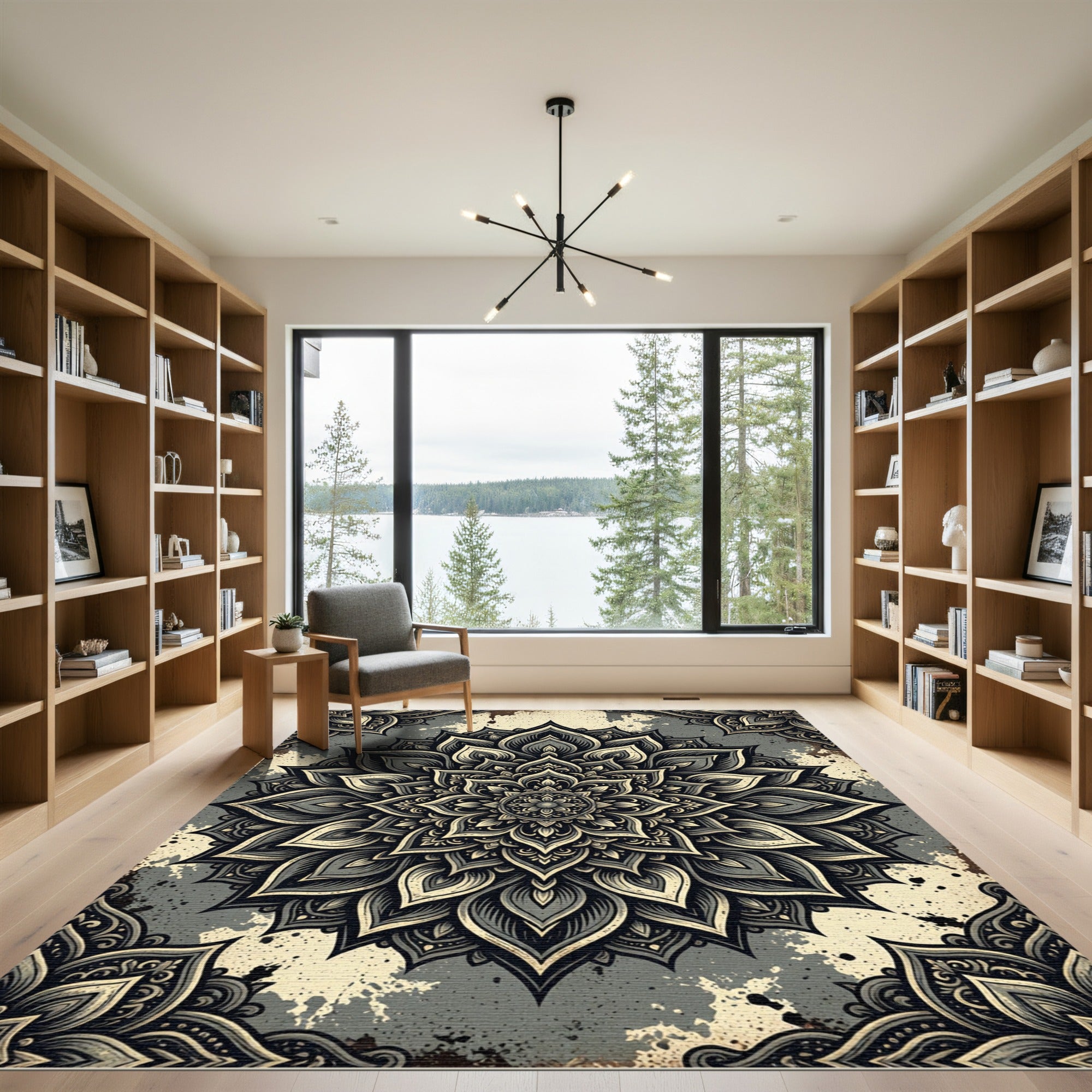 Dark Gray Floral Mandala Medallion Rug