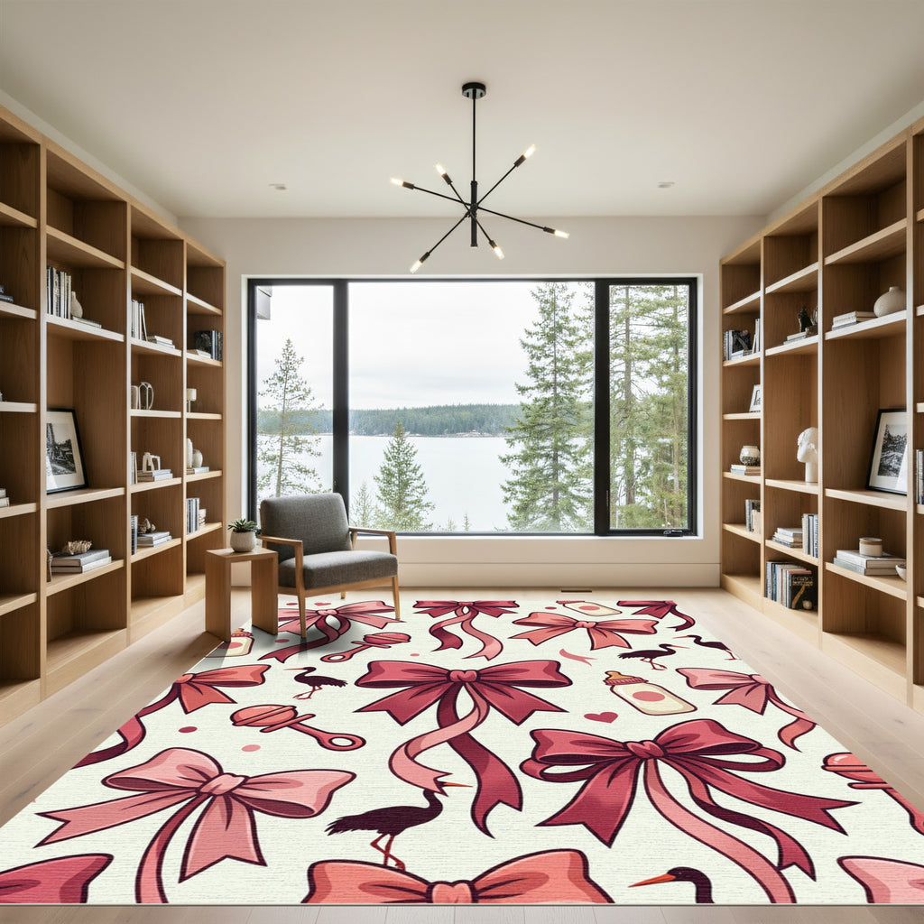 Whimsical Blush Pink Bow Stork Rug