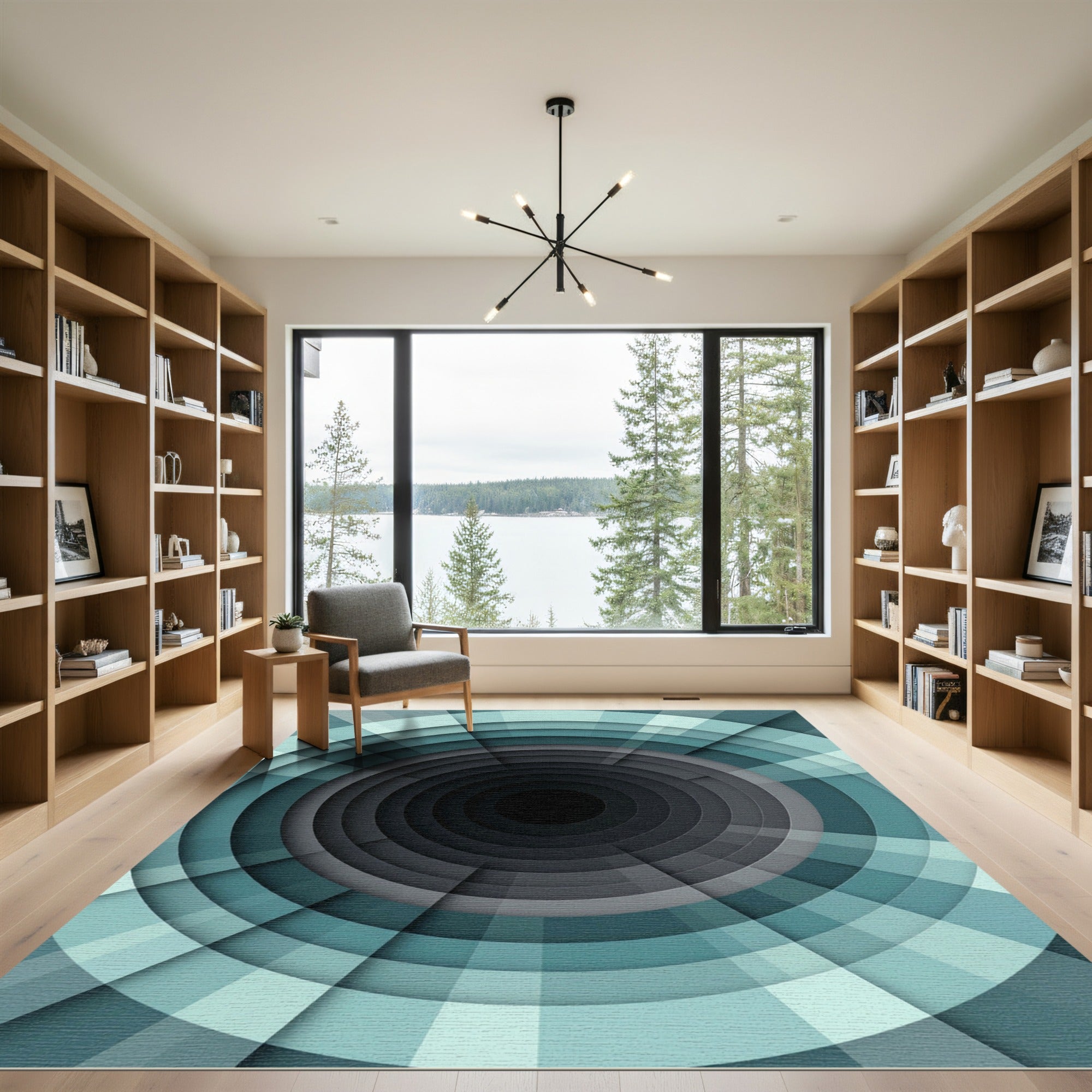 Modern Teal Circular Tunnel Gradient Rug