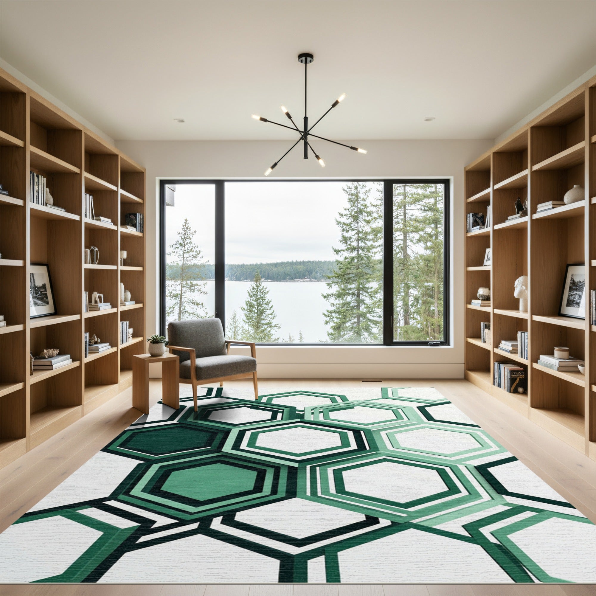 Modern Geometric Emerald Hexagon Grid Rug