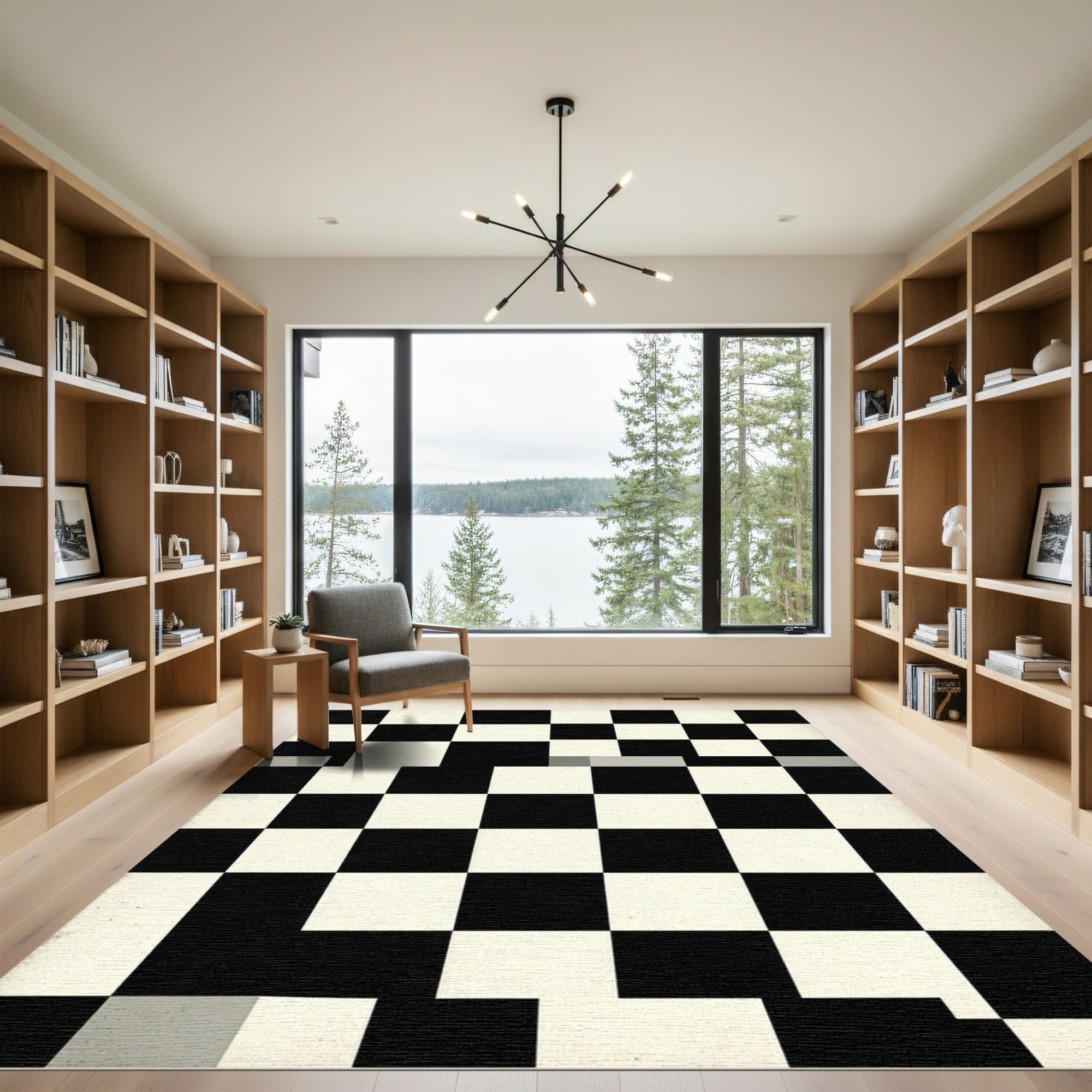 Modern Black White Checkerboard Squares Rug