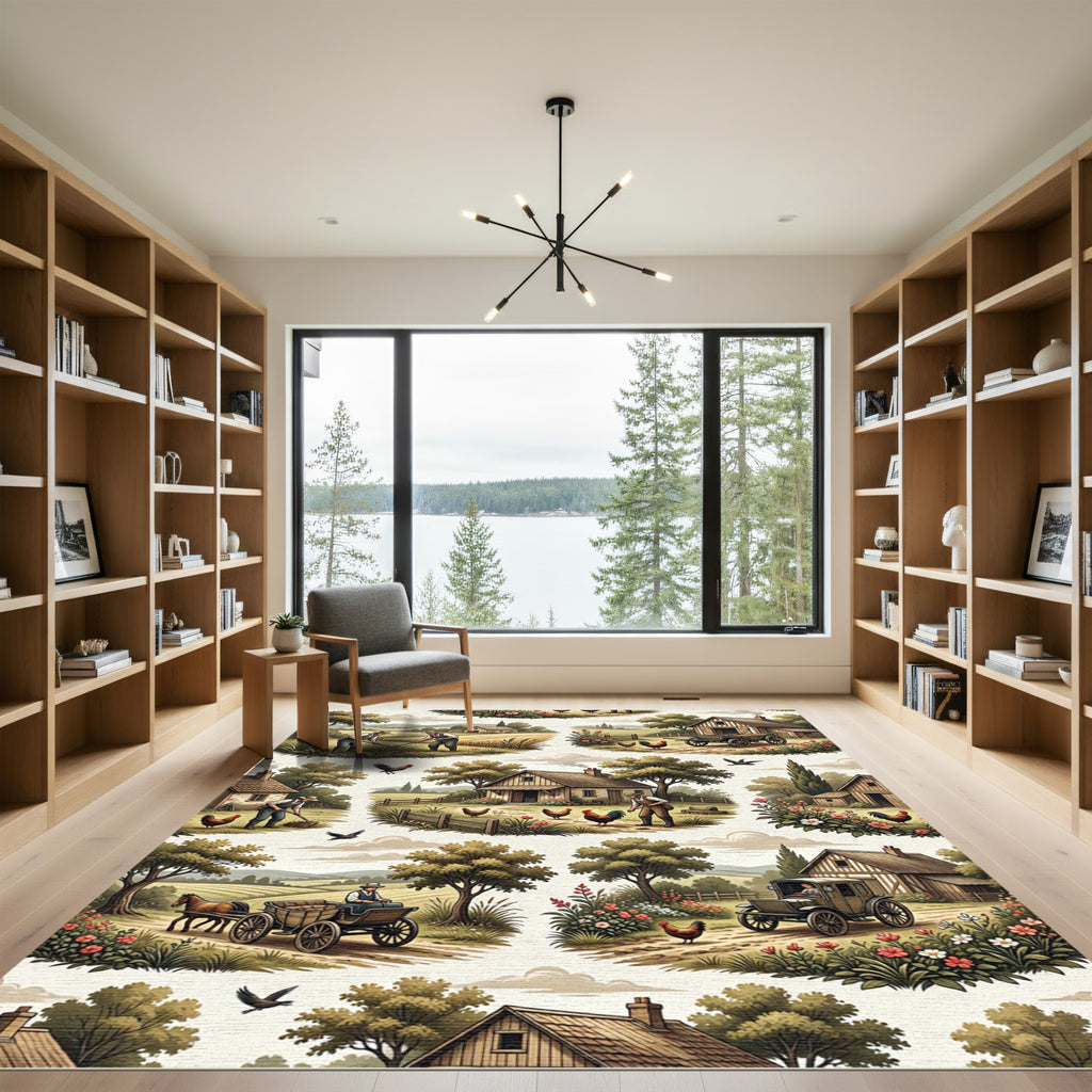 Countryside Village Farm Pastoral Scene Rug