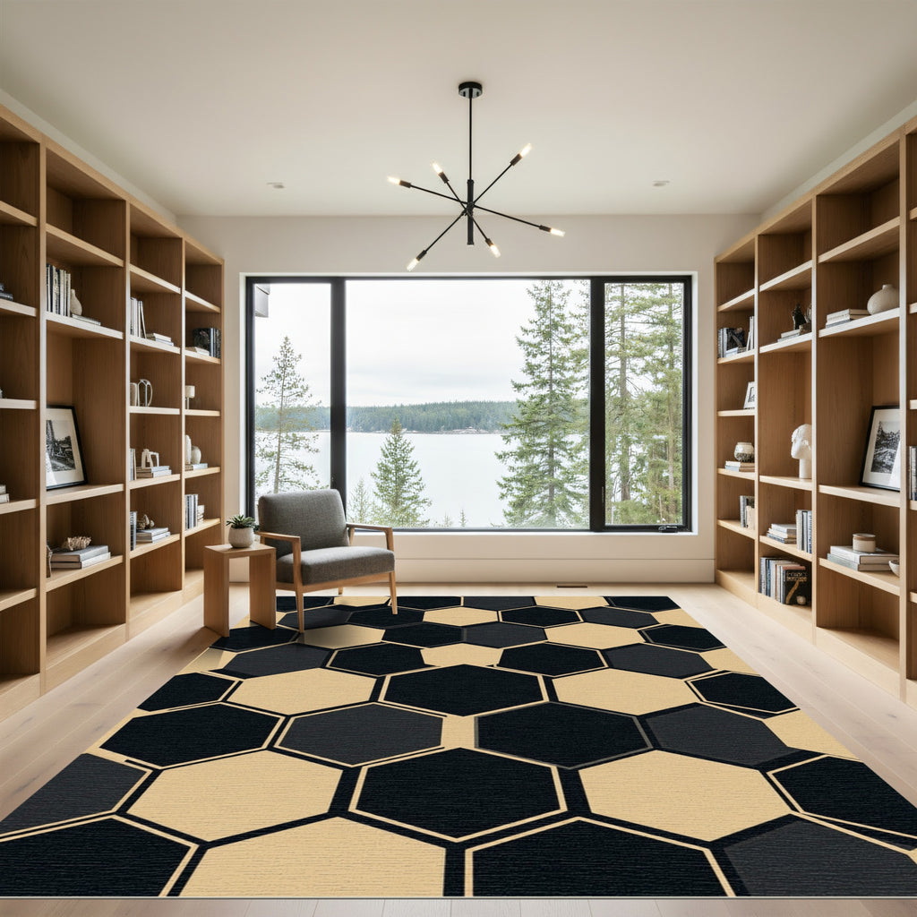 Modern Minimalist Black and Beige Hexagon Rug