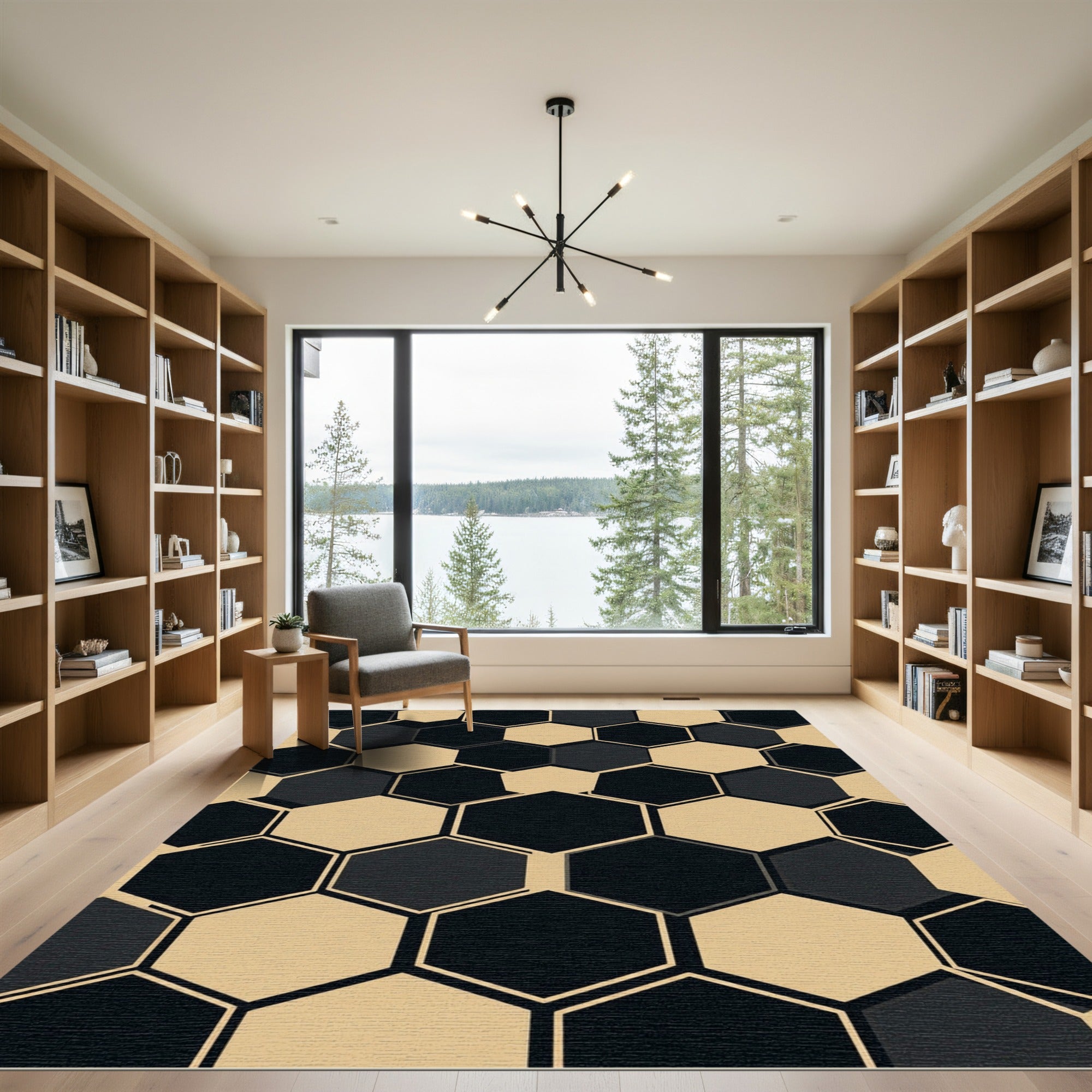 Modern Minimalist Black and Beige Hexagon Rug