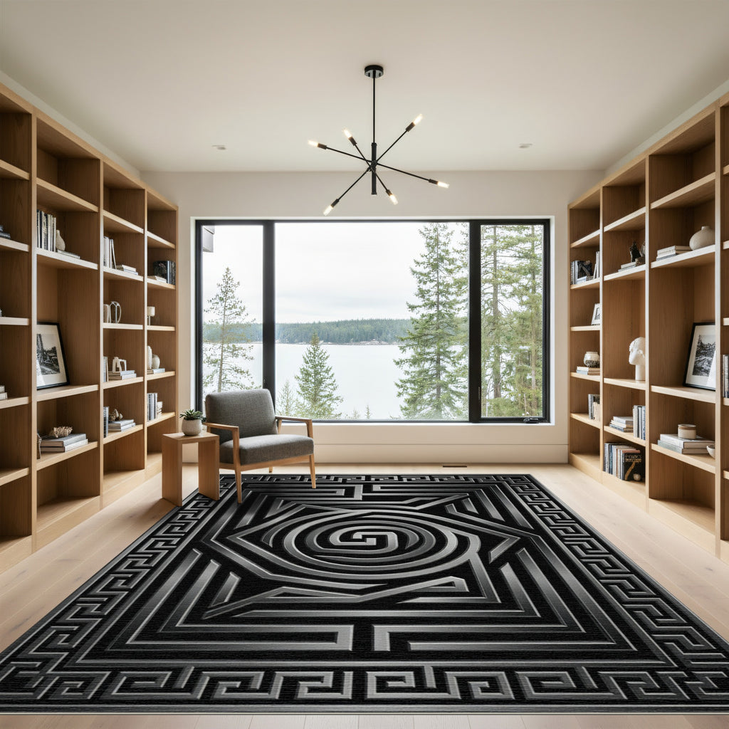 Gray Maze Geometric Metalic Frame Rug
