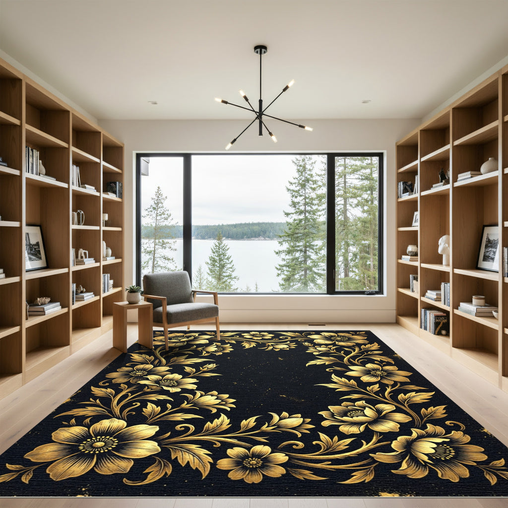 Elegant Golden Floral Flourish Black Frame Rug