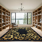 Elegant Golden Floral Flourish Black Frame Rug