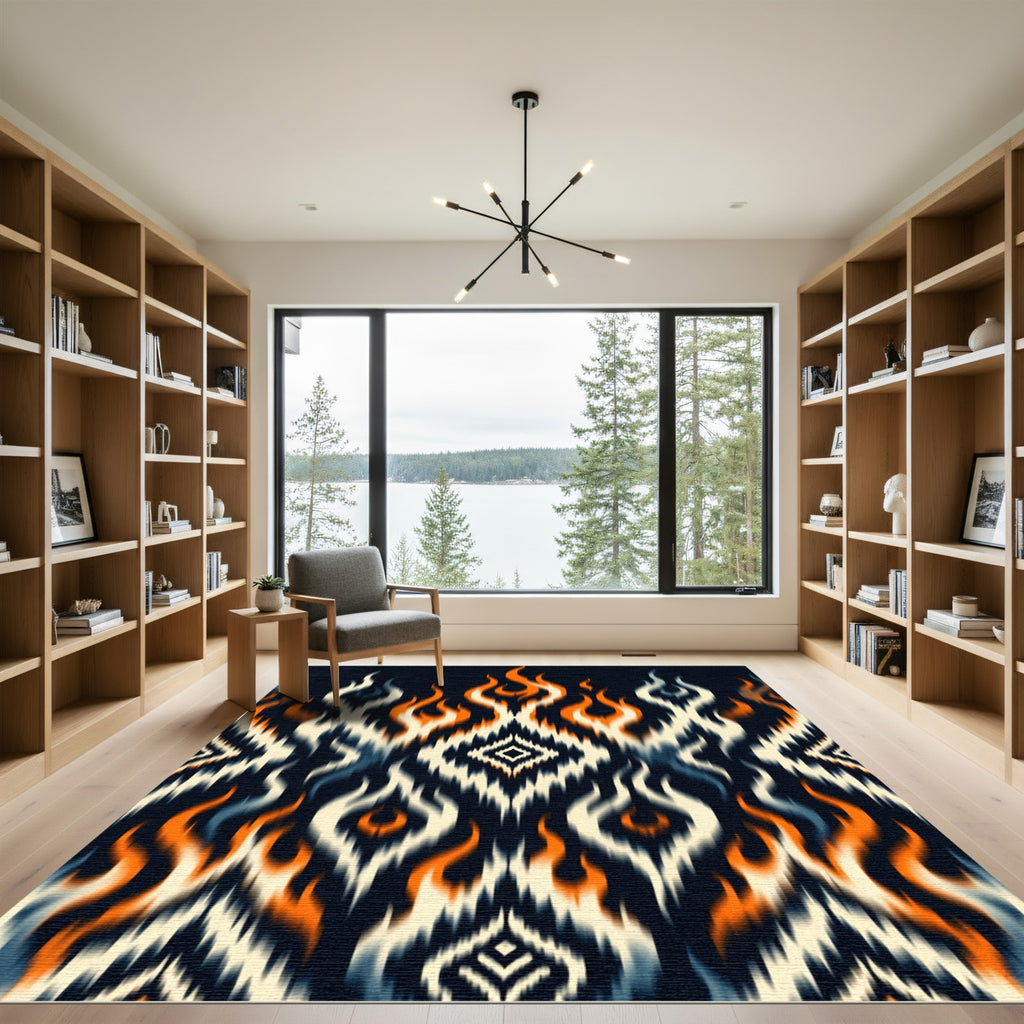 Fiery Orange Black Ikat Diamond Flame Rug