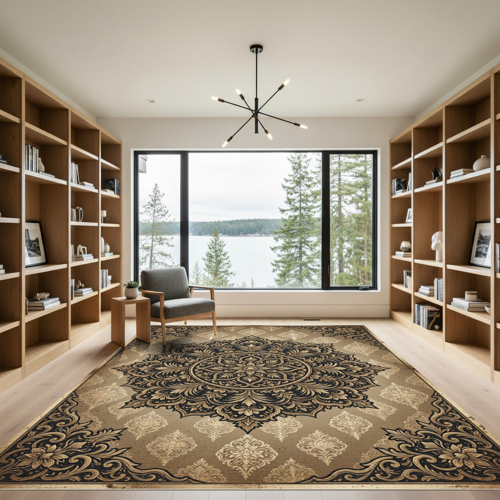 Ornate Gold Floral Medallion Scroll Rug