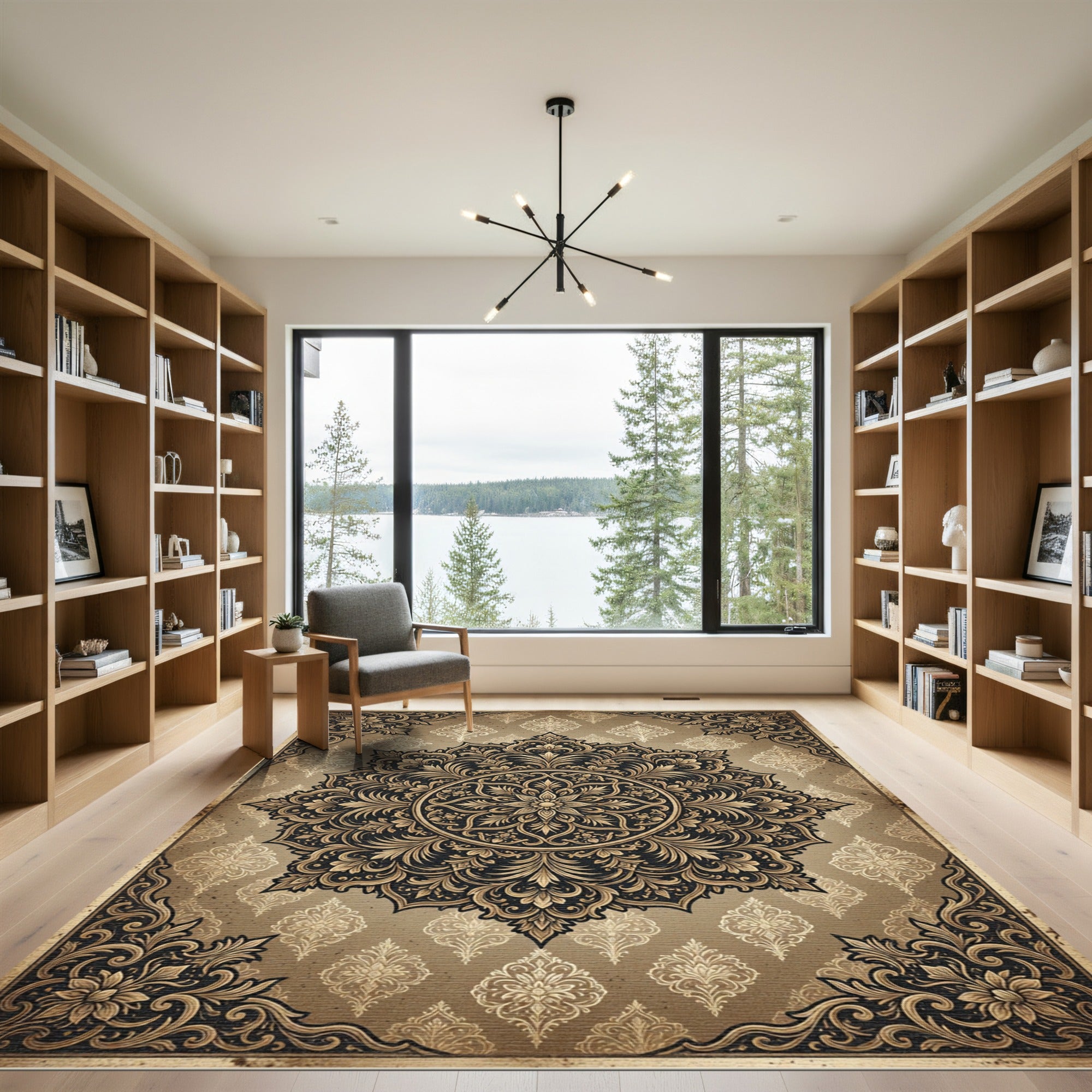 Ornate Gold Floral Medallion Scroll Rug