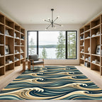 Golden Cream Teal Wave Flow Rug