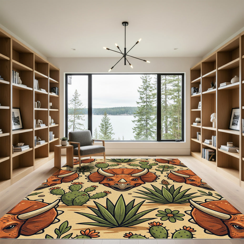 Triceratops Terra Cotta Desert Cactus Art Rug