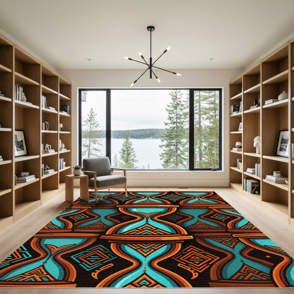 Teal Orange Hourglass Tribal Pattern Rug