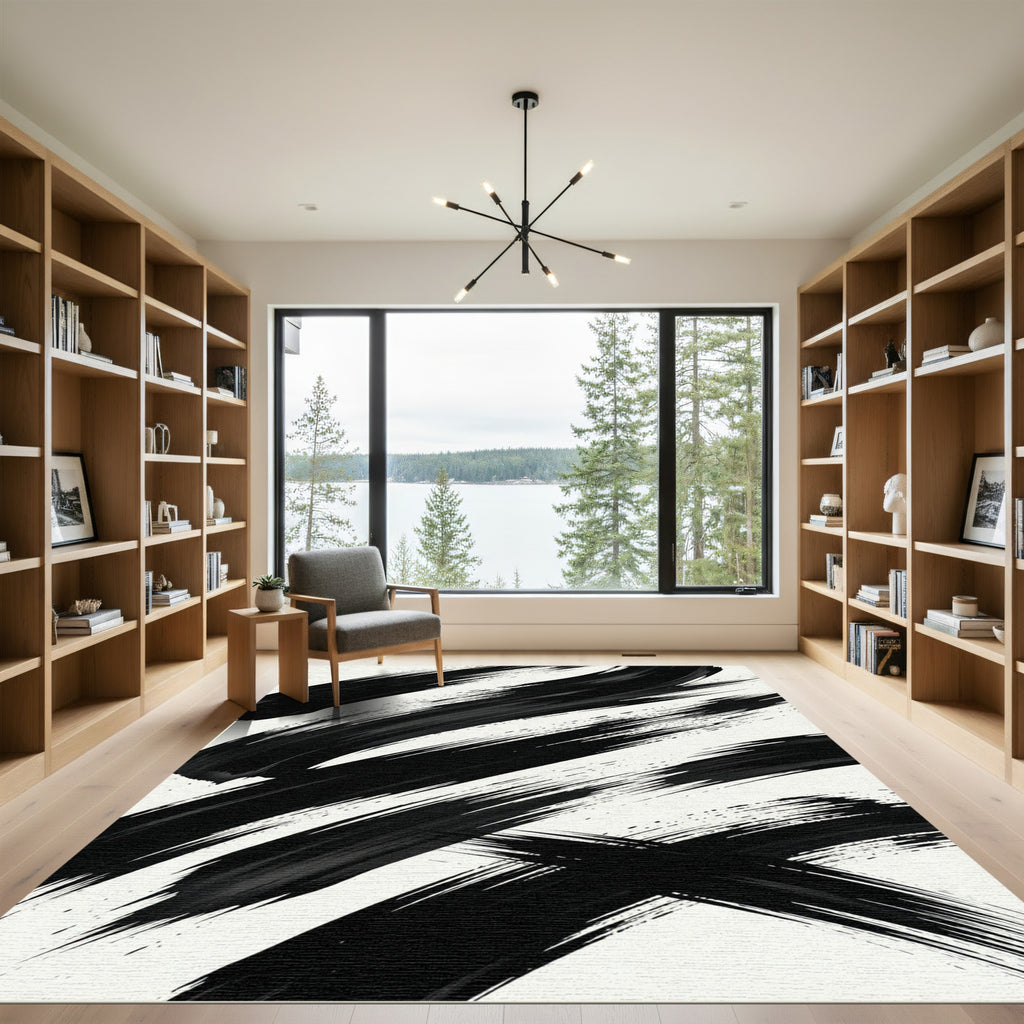 Bold Black Abstract Ink Brush Stroke Rug
