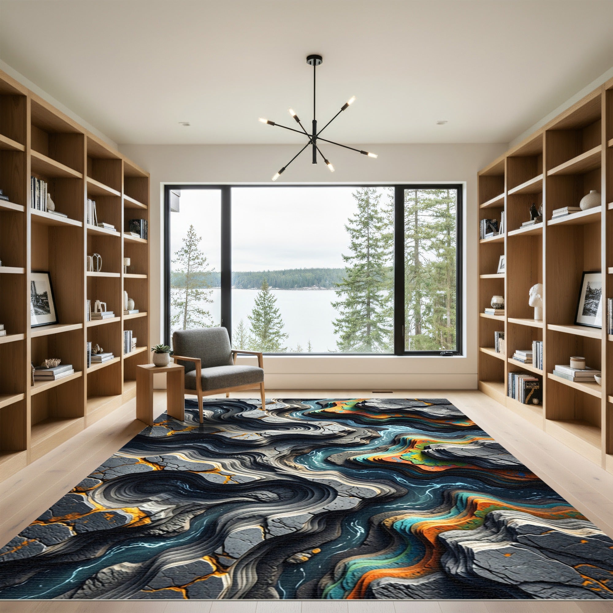Abstract River Tectonic Layered Stone Rug
