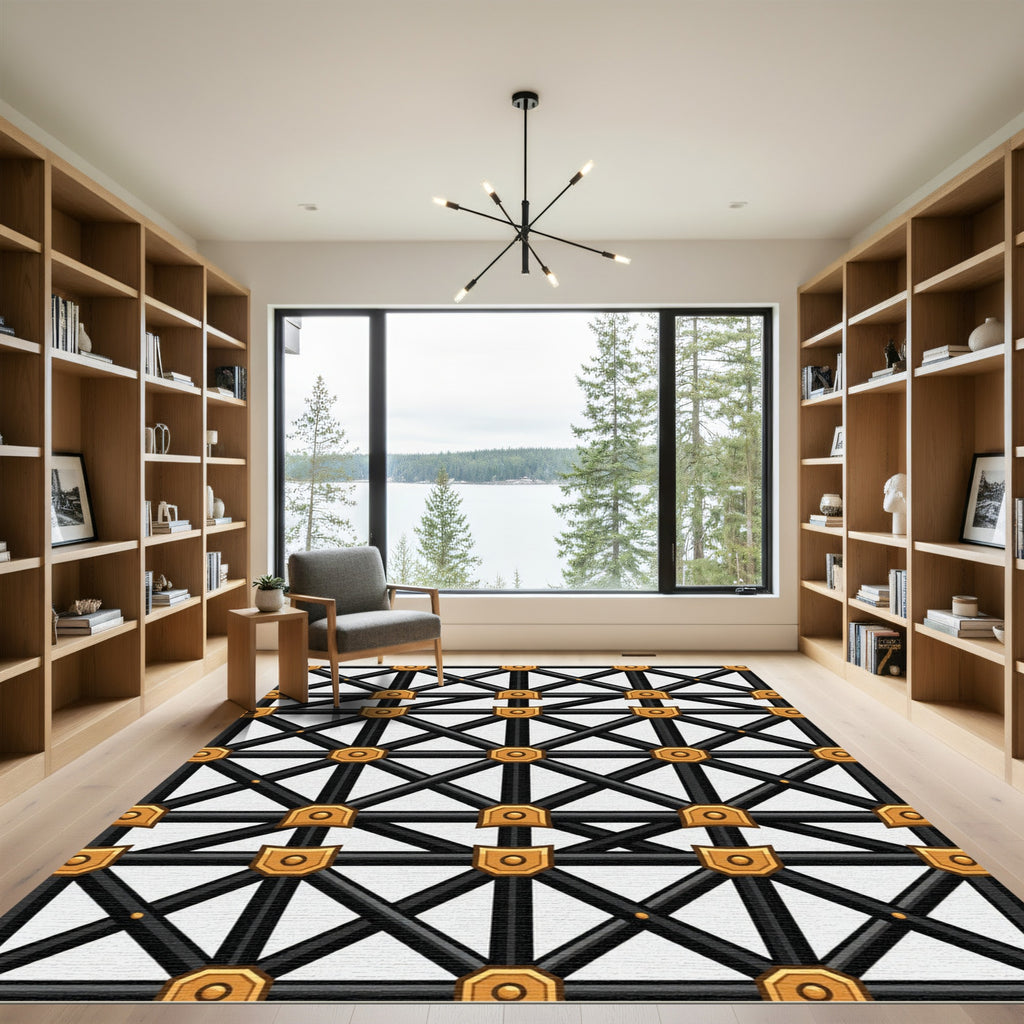 Black Gold Intersecting Grid Pattern Rug
