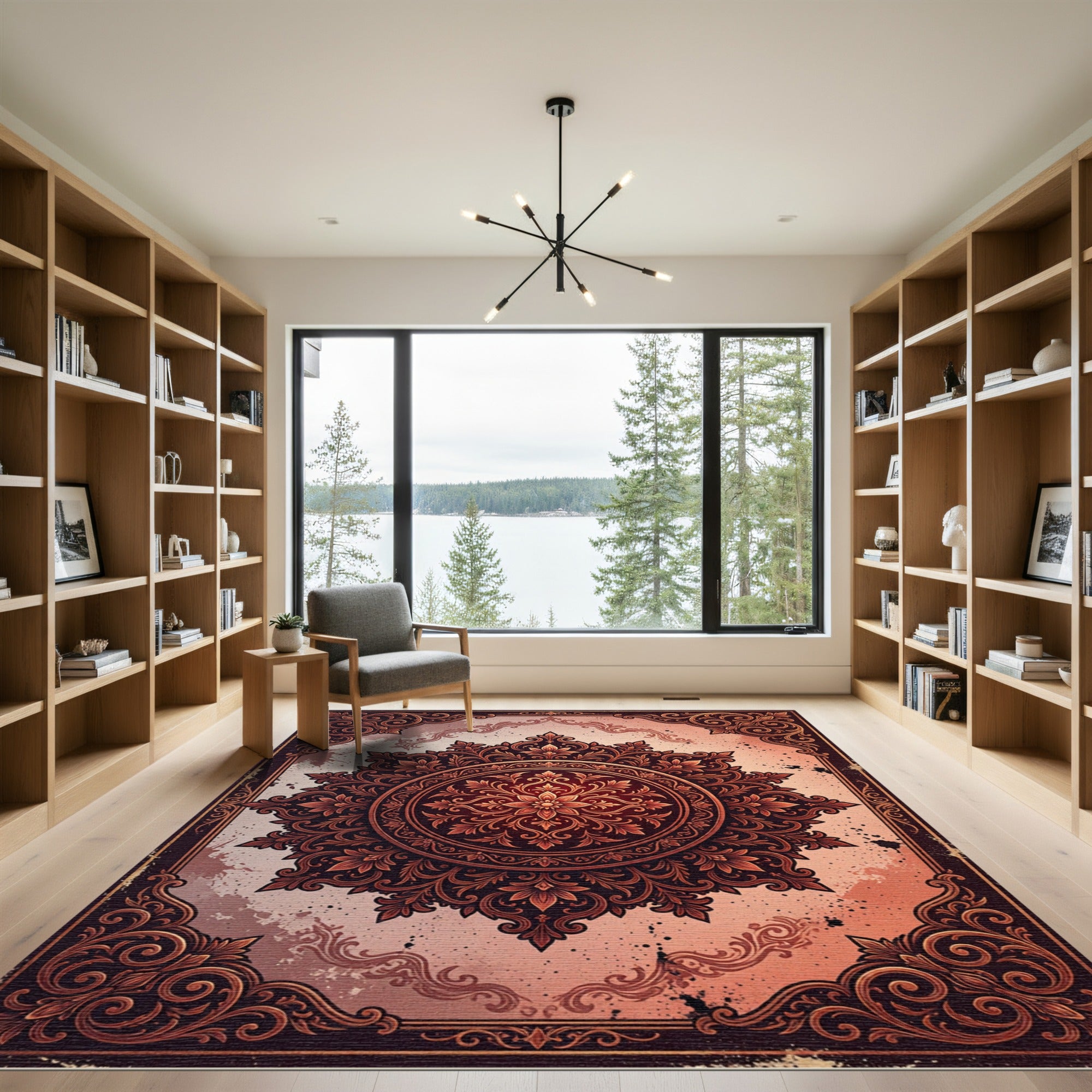 Ornate Crimson Floral Medallion Wall Art Rug