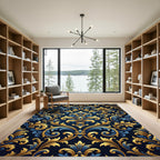 Elegant Royal Blue and Golden Filigree Rug