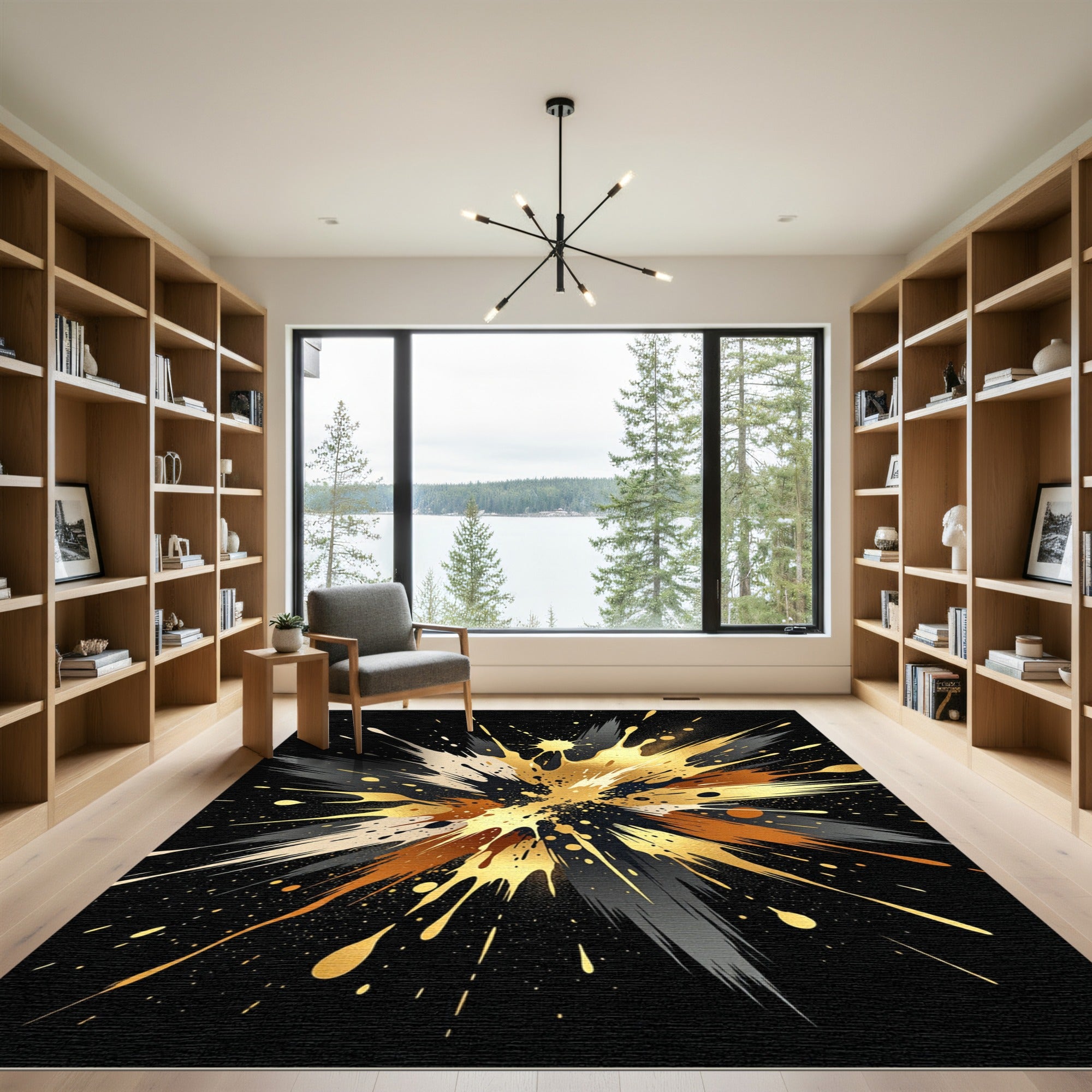 Metallic Gold and Black Abstract Explosion Rug