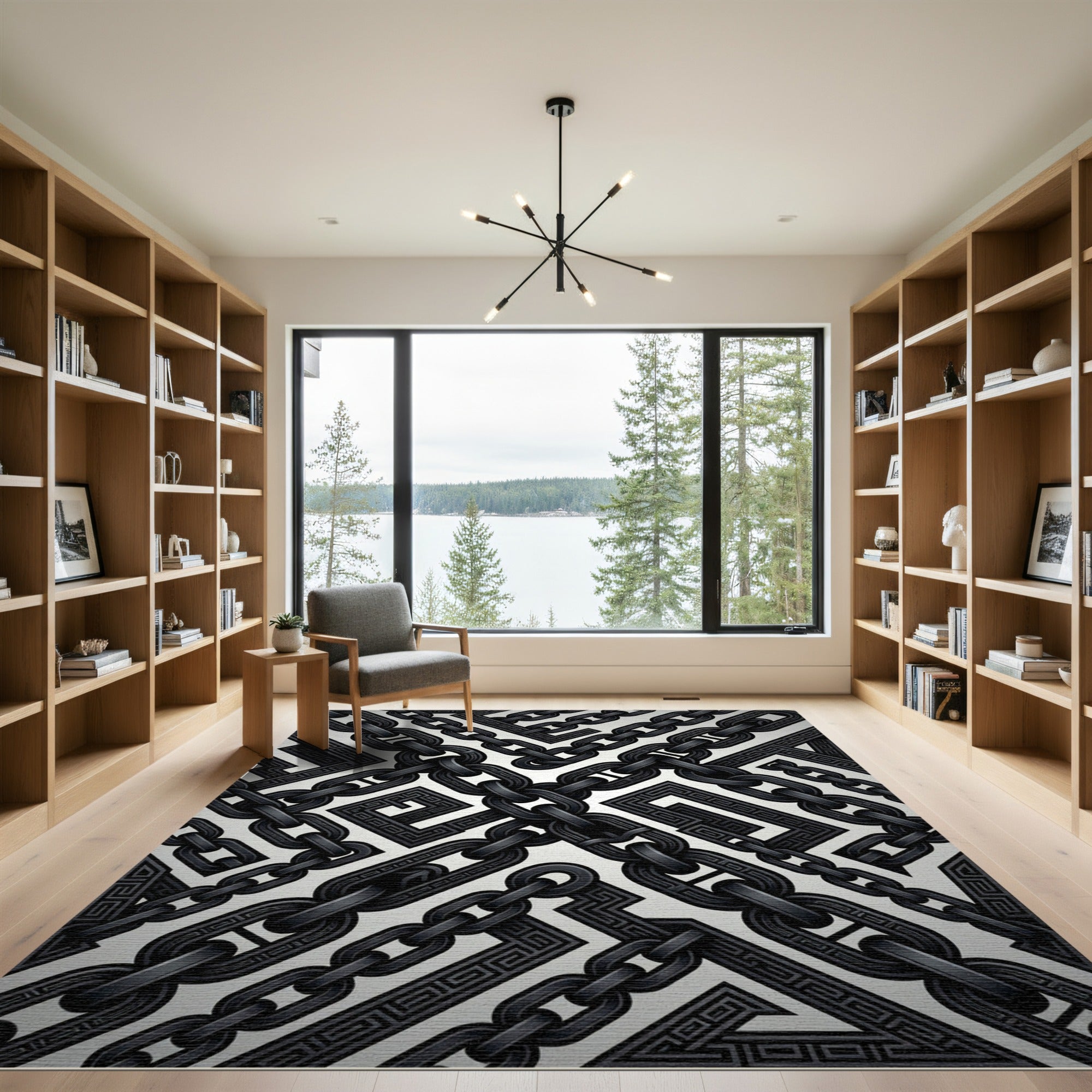 Dark Black Chain Greek Key Rug