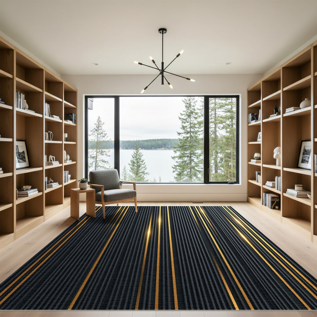 Modern Black Gold Vertical Stripe Rug