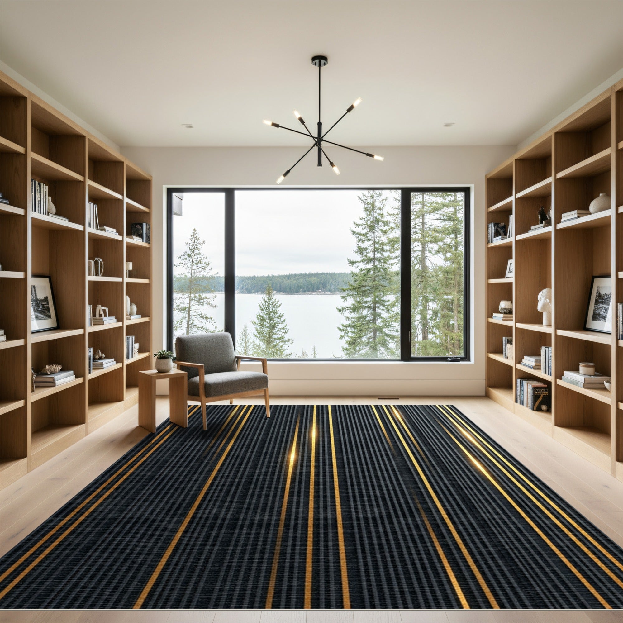 Modern Black Gold Vertical Stripe Rug