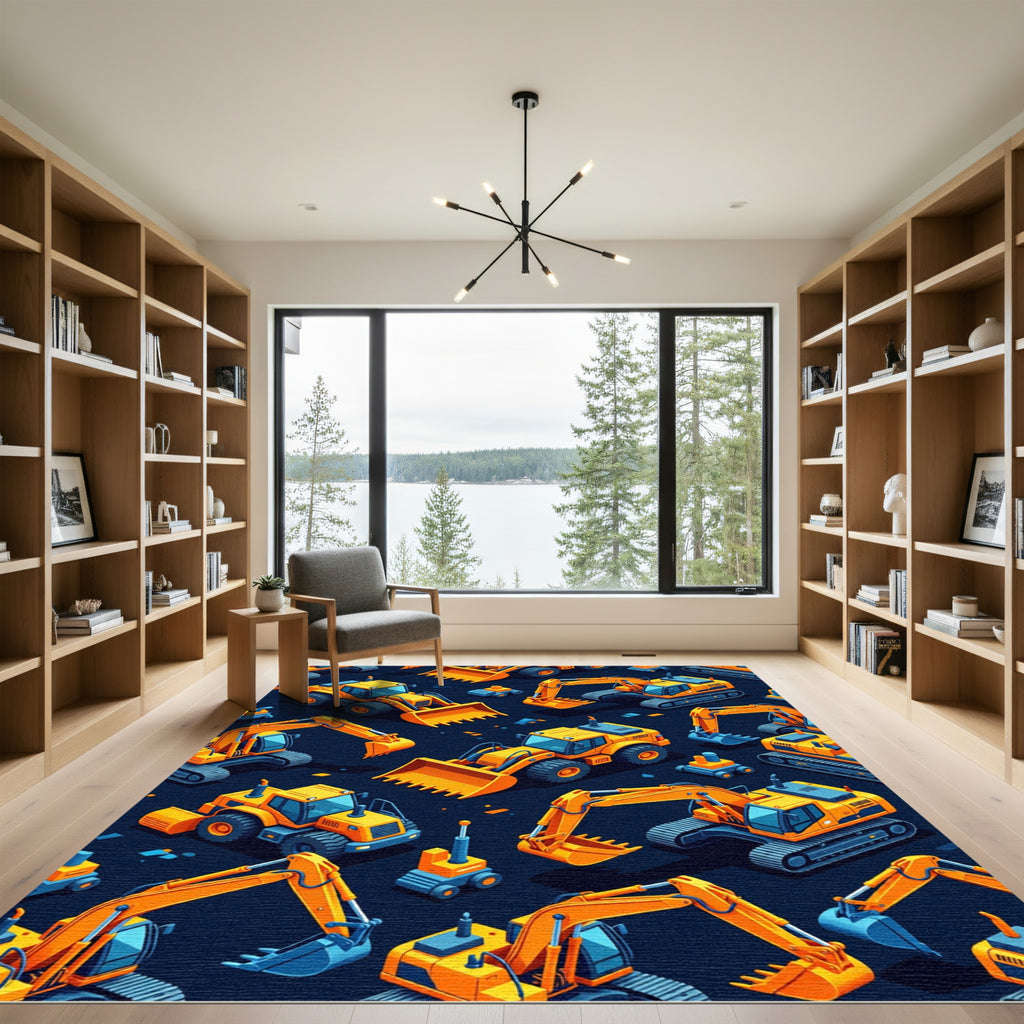 Yellow Construction Vehicle Isometric Graphic Rug