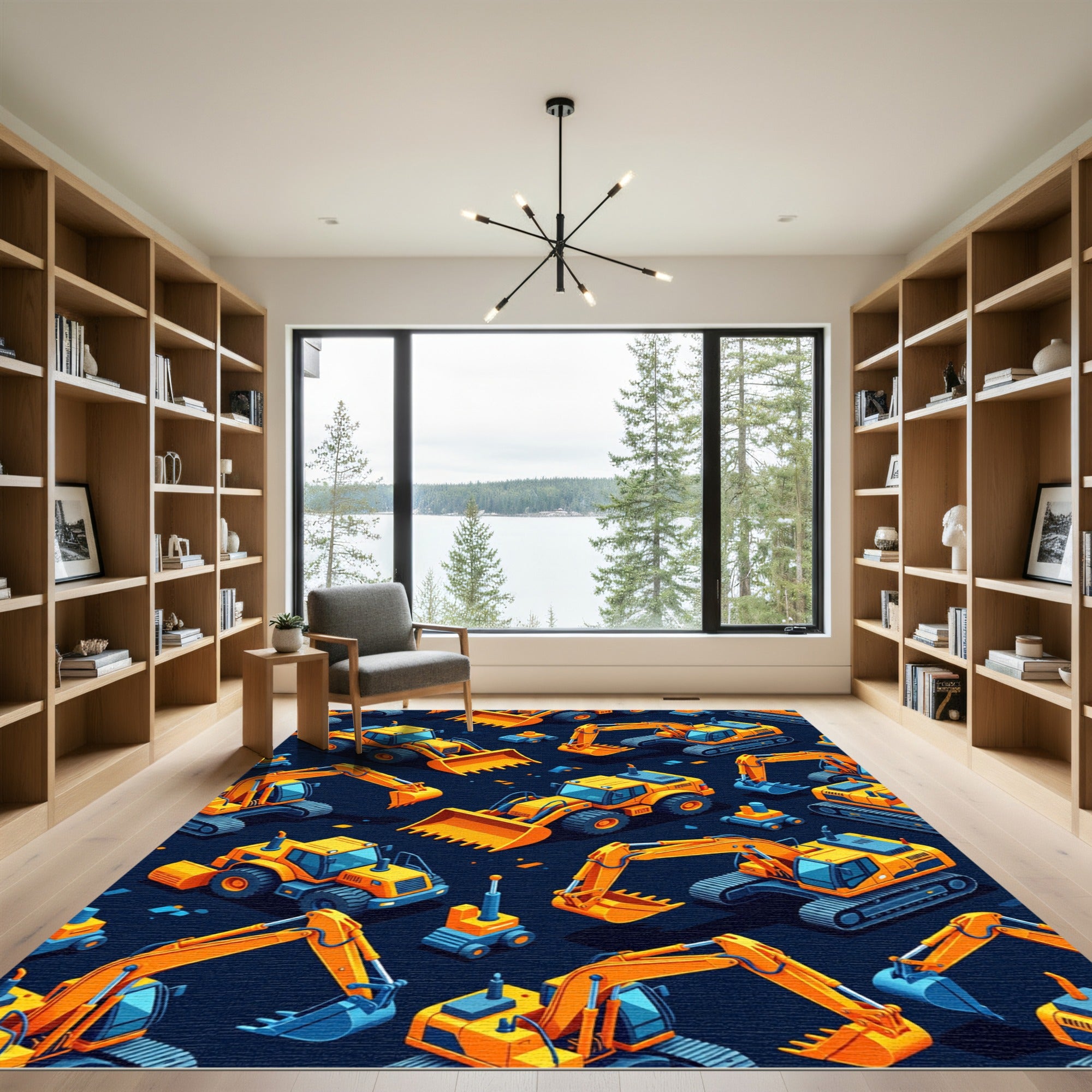 Yellow Construction Vehicle Isometric Graphic Rug