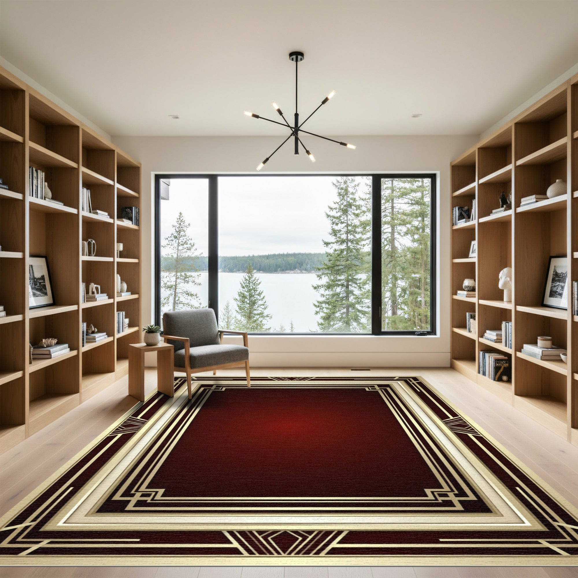 Art Deco Gold Deep Crimson Geometric Rug